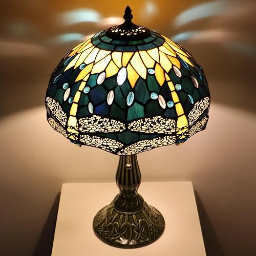 Miniatura 2 de Tiffany Lamp Stained Glass Table Lamps Yellow Dragonfly Style Desk Lamp 12X12X18.5 Inch Bronze Ceramic Base Reading Light Suitable for Bedside