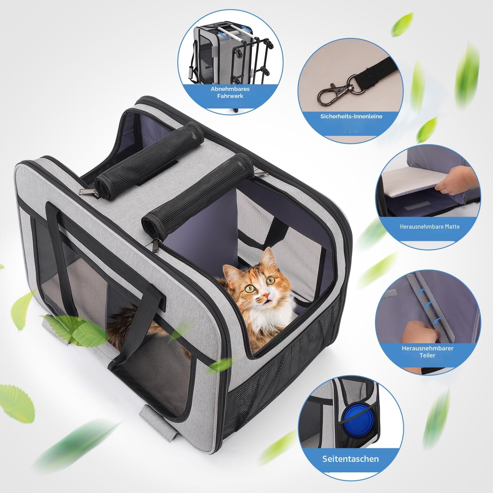 Extra Große Katzentransportbox für 2 Katzen bis 20kg, Faltbare Transportboxen für 2 Katzen mit Rollen, Transportbox Katze Groß für Spaziergänge/Camping, Grau