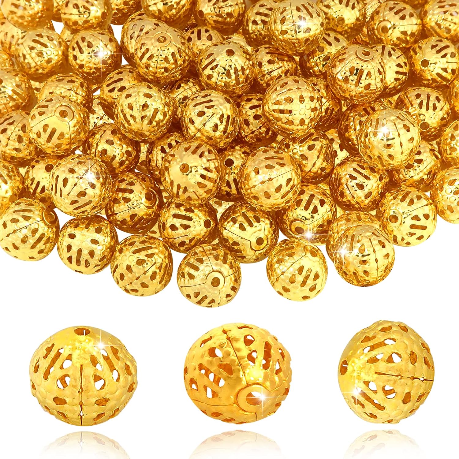 TOAOB 100pcs 10mm Gold Plated Filigree Hollow Ball Beads Round Metal Loose Spacer Beads for DIY Crafts Bracelets Necklaces Earrings Jewelry Making