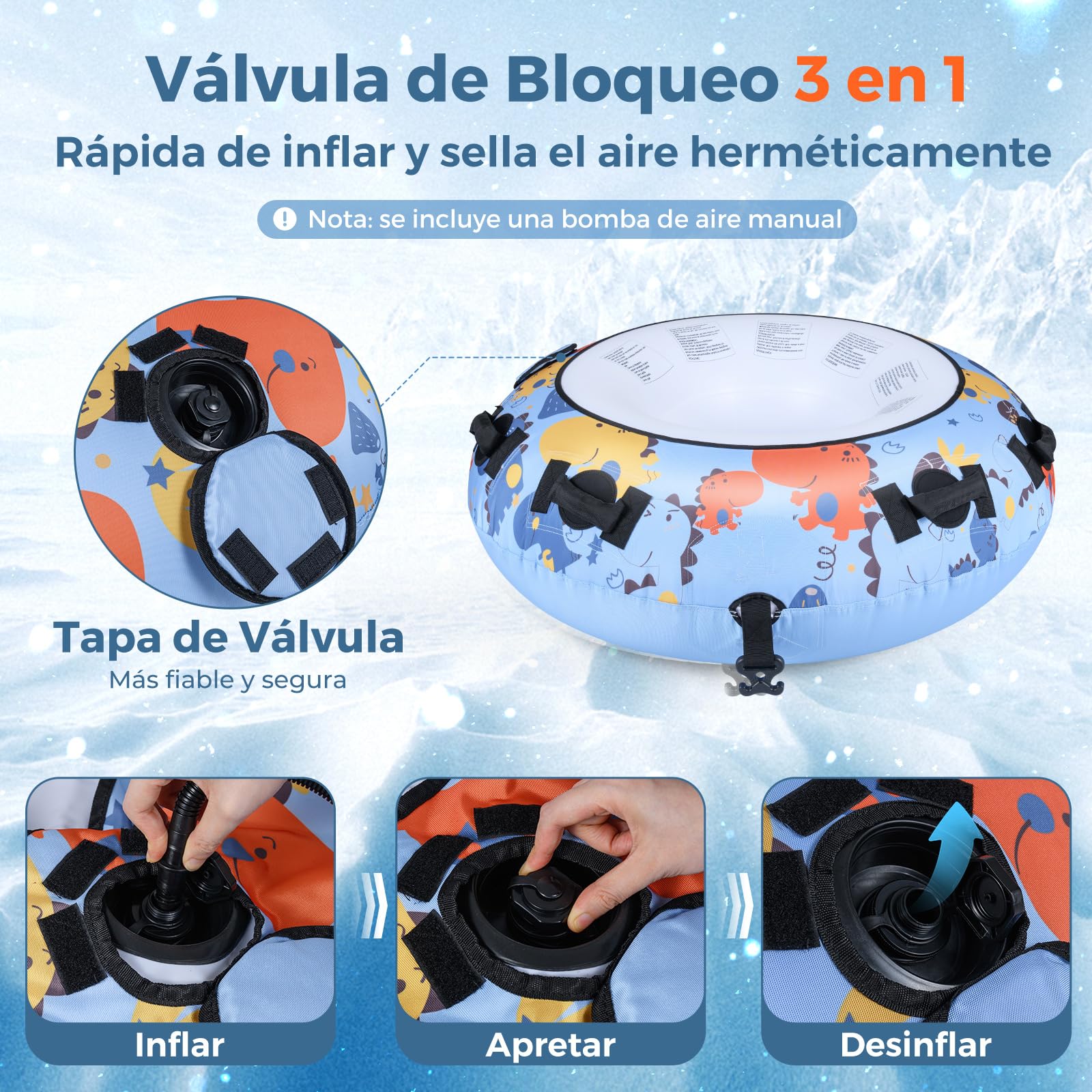 COSTWAY Tubo de Nieveφ132 cm, Oxford, Trineo de Nieve Inflable con Asas Resistentes E Inflador Manual, Carga hasta 100kg, Tubo de esquí Inflable Niños y Adultos