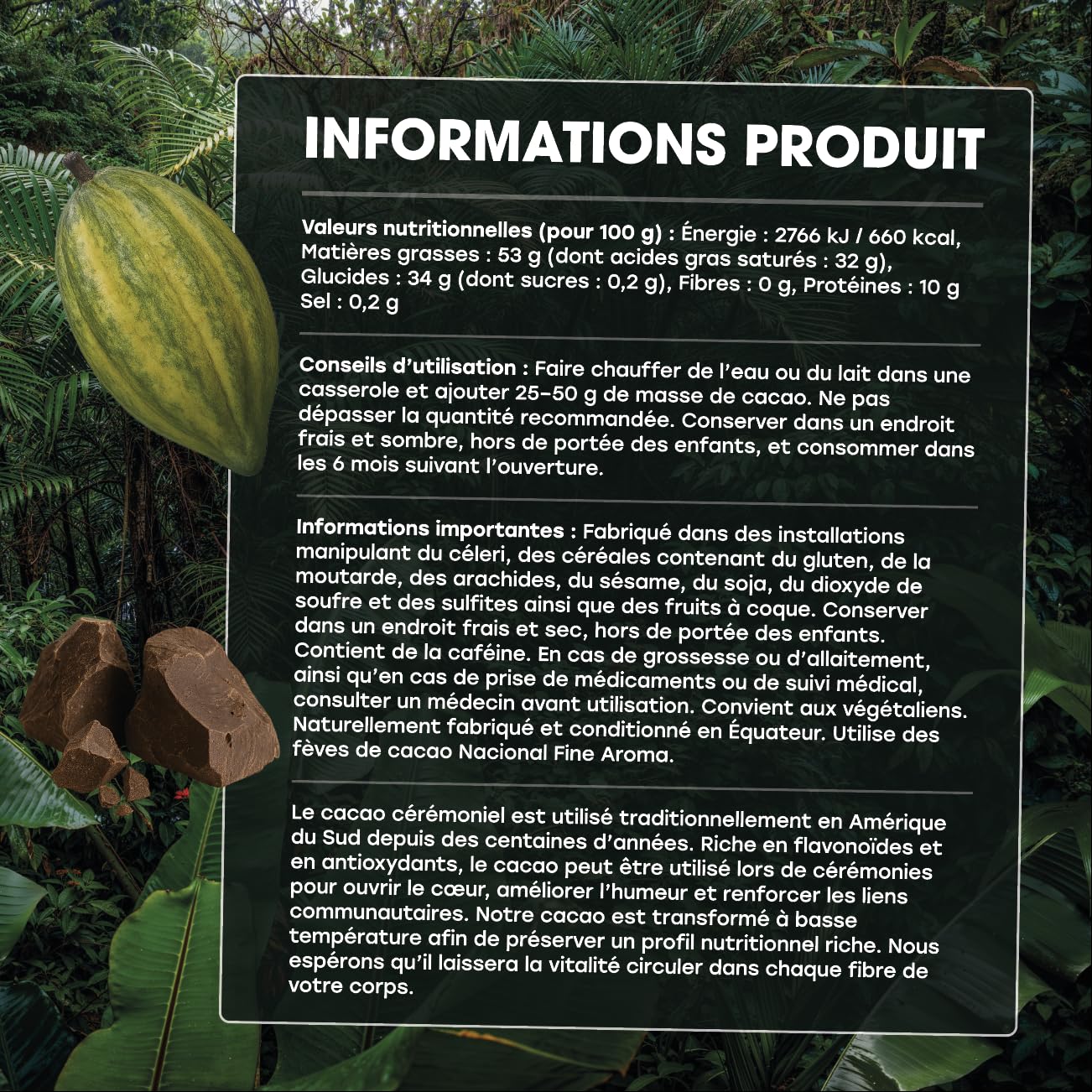 Cacao Cérémoniel Équatorien 500 G – Fève Nacional – Le Plus Ancien Chocolat À Boire Au Monde – Bloc De Cacao Cérémoniel Pur