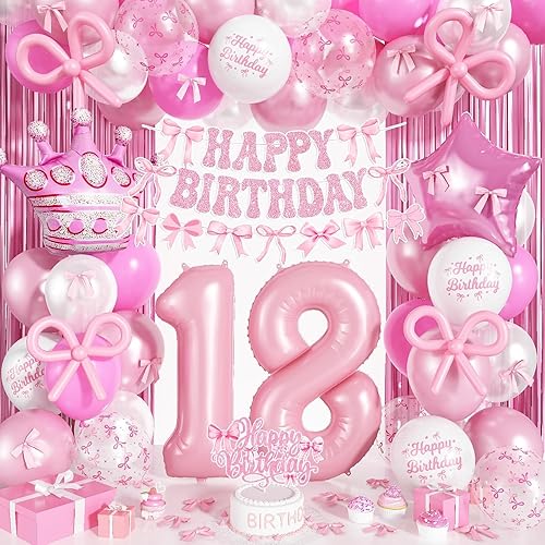 Decoraciones de cumpleaños con lazo rosa número 18 para niñas, decoración de fiesta de coqueta que incluye 40 pulgadas de papel de aluminio número