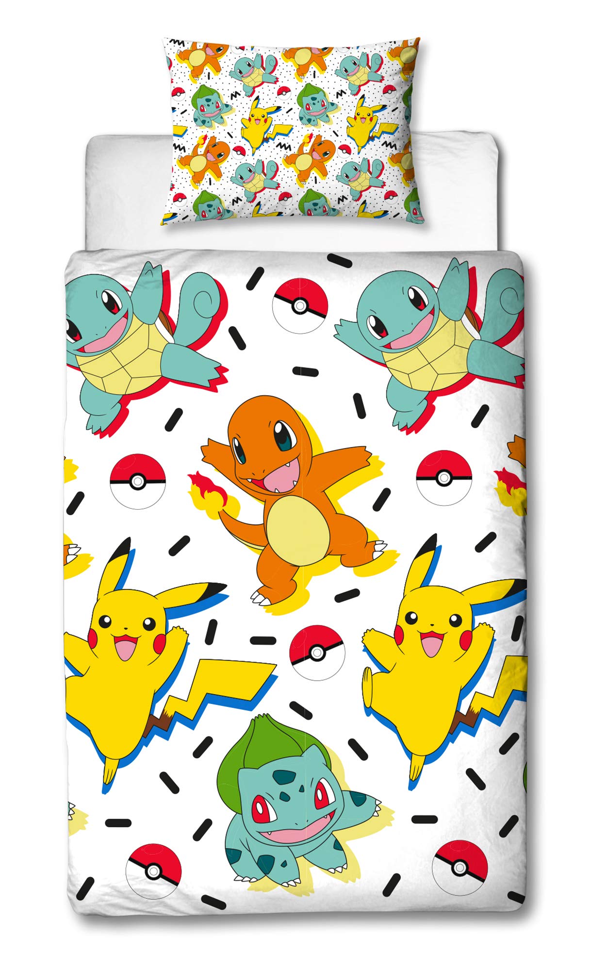 Character World Pokemon Single Duvet Cover | Reversible Two Sided Memphis Fun Bedding Featuring Pikachu, Squirtle & Charmander with Matching Pillow Case, Multi Coloured, 200 x 135cm