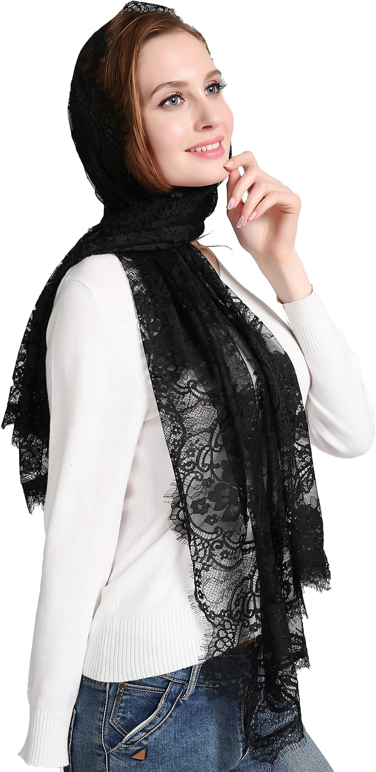 Leimandy Eyelash Lace Vintage Floral Lace Shawl Head Scarf Long Catholic Chapel Veil Mantilla Infinity Latin Mass S04