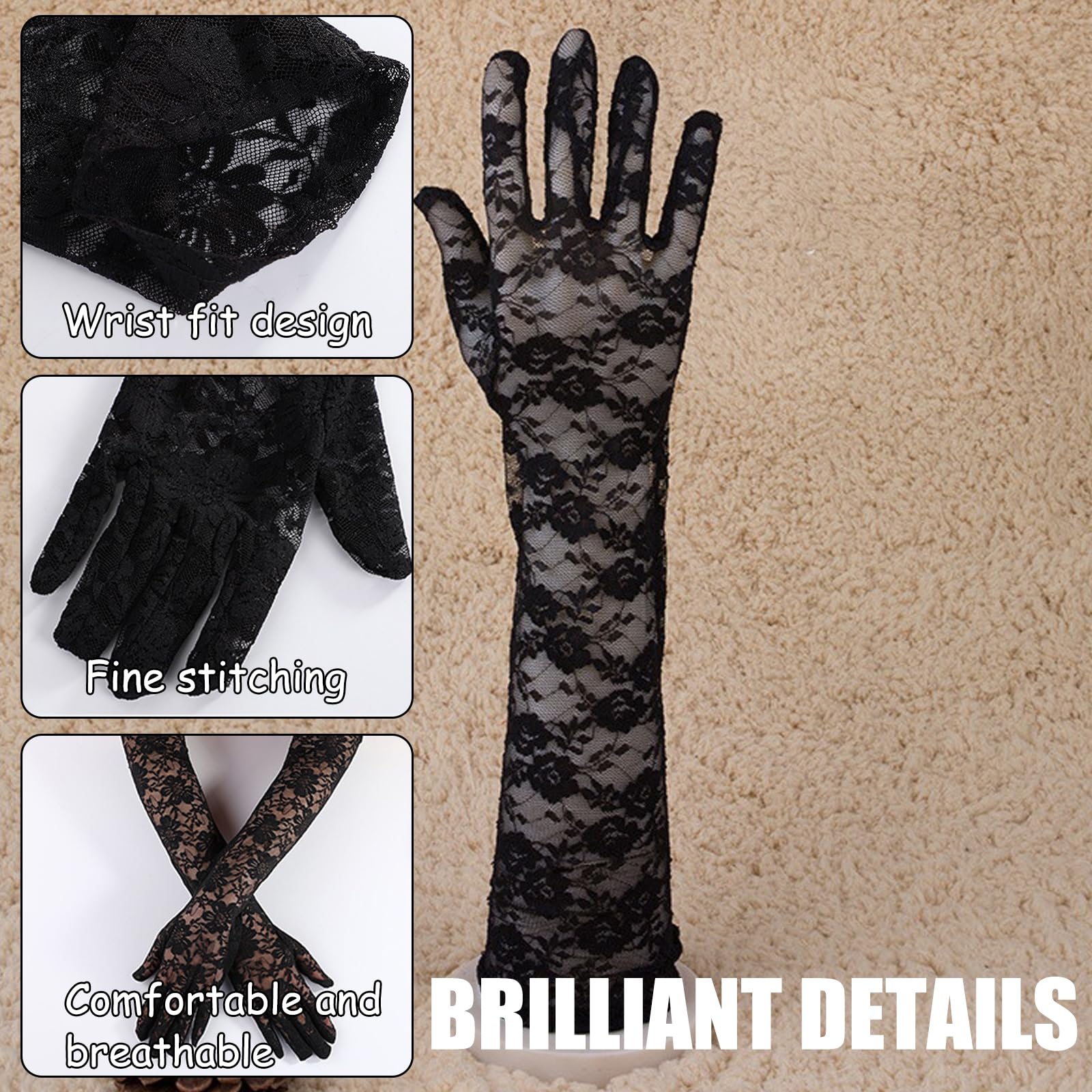 GIEEU Black Long Lace Gloves for Women,Fingerless Lace Gloves & Elbow Length Gloves Set for Parties Weddings, and Evening Events - Image 2