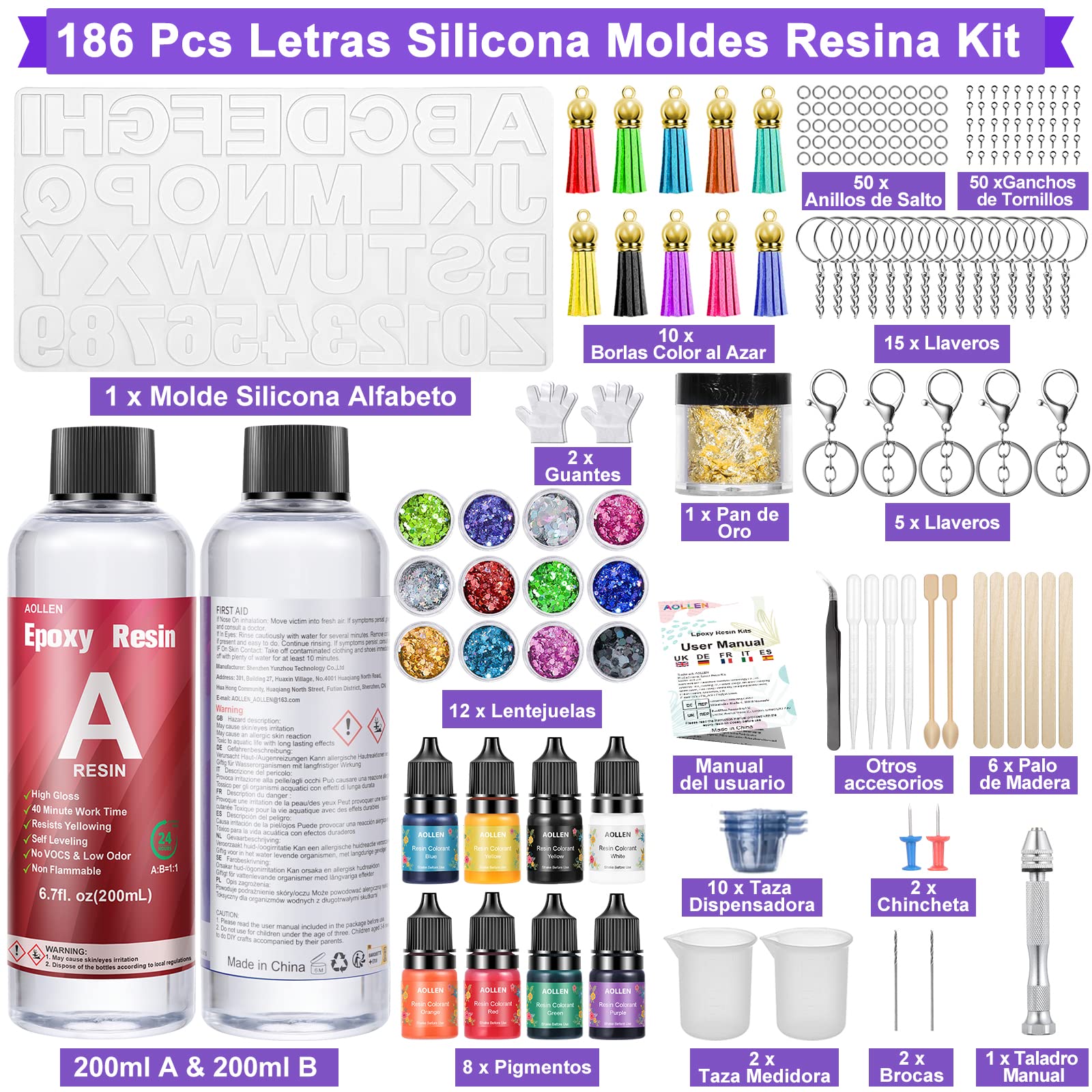 Resina Epoxi Manualidades, 186 Pcs Kit Resina Epoxi con Letras Moldes de Silicona, Pigmento, Lentejuelas, Kit para Hacer Letras de Resina, Hacer Llavero