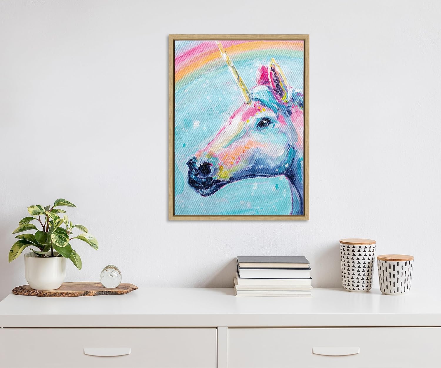 Kate and Laurel Sylvie Do You Believe in Magic Framed Canvas Wall Art by Rachel Christopoulos; 18x24 Natural; Modern Bright Colorful Unicorn Art for Wall