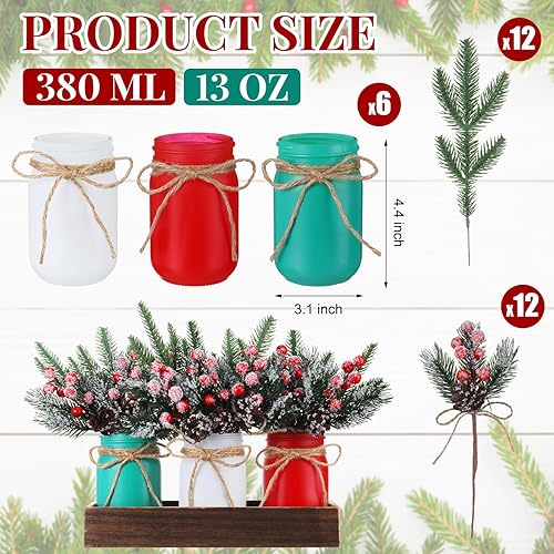 Miniatura 2 de Juego de 6 tarros de Navidad para centros de mesa con ramas de pino de Navidad, conos de pino, bayas, tarros decorativos de boca ancha, centro de