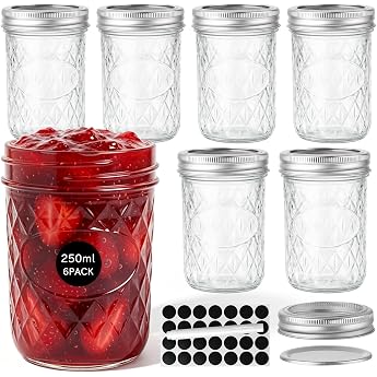 OAMCEG 6 Pack Mason Jars with Lids Screw Jars - 250ml Glass Mason Jars - Multipurpose Jam Jars Meal Prep Overnight Oats Jars for Juice Jam Kitchen