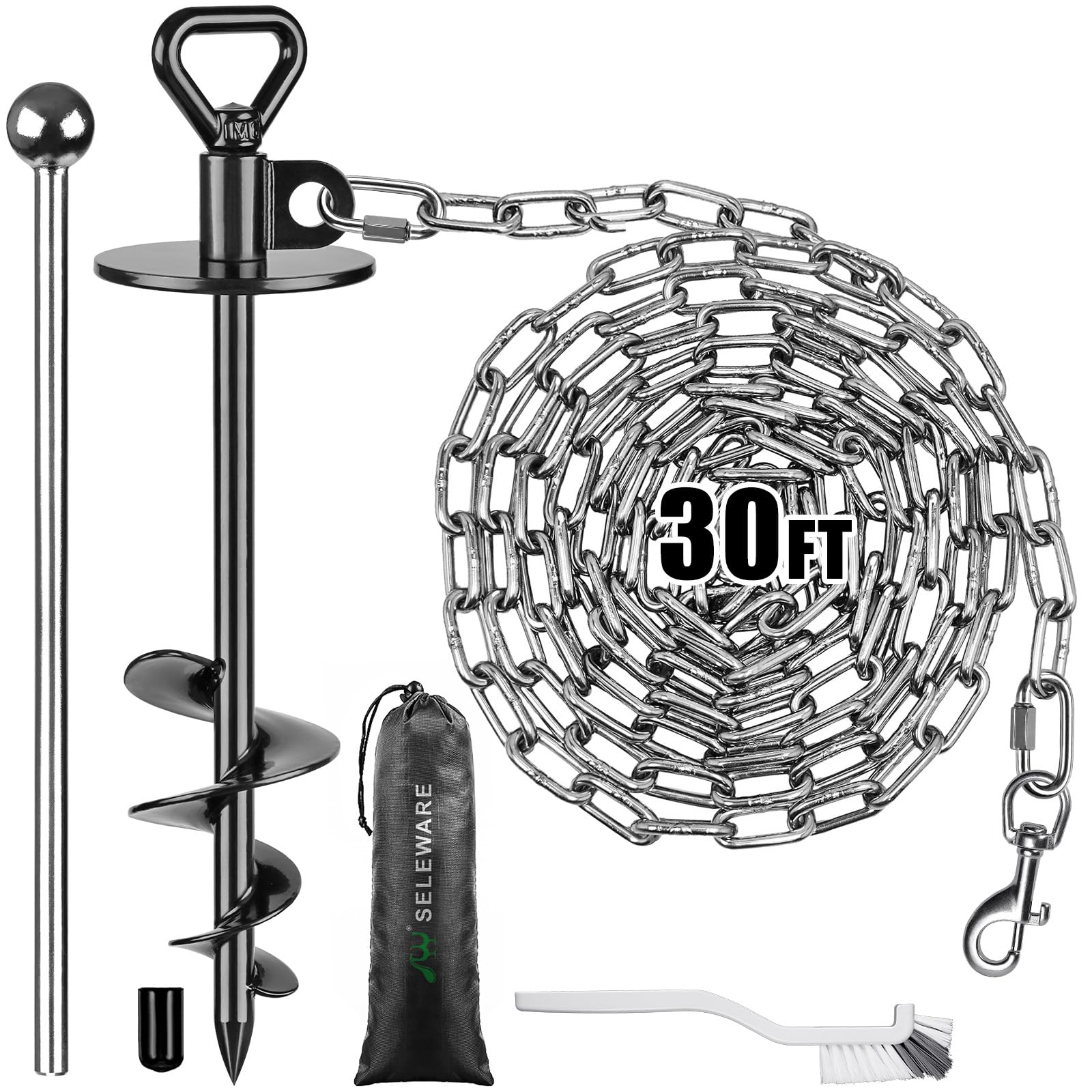 SELEWARE Dog Tie Out Stake Outdoor Anti-Rust Dog Anchor with Stainless Steel Dog Chains for Large Dogs up to 100 lbs, Free Rotation Dog Stake Dog