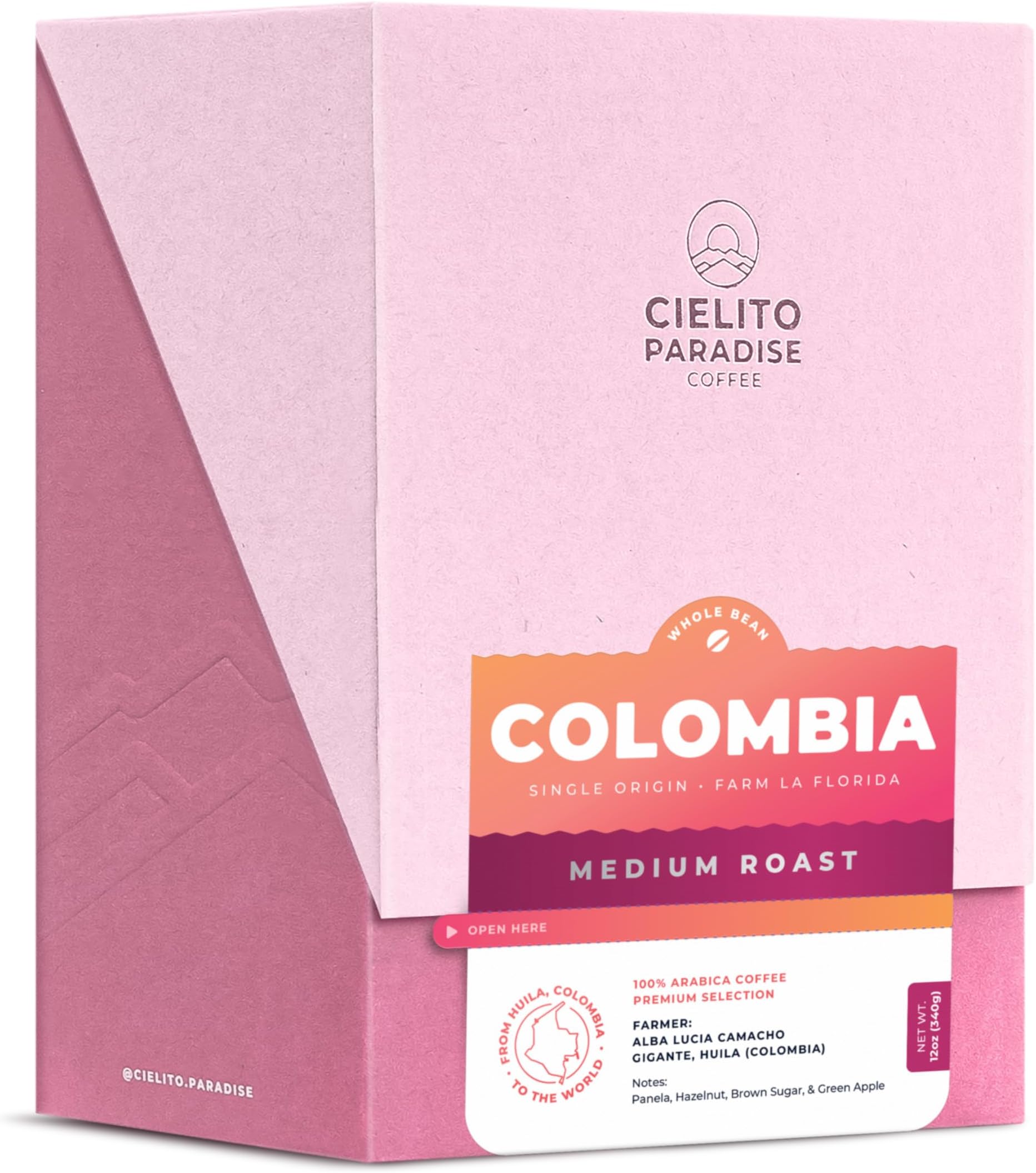 Medium Roast Coffee - Cielito Paradise Whole Bean from Gigante Huila, Colombia, Single Origin, Panela, Hazelnut, Brown Sugar & Green Apple, 12oz