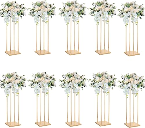 10 jarrones rectangulares, centros de mesa de boda para mesas, soporte geométrico de metal para flores, dorado, 23.6 pulgadas de alto, jarrón de