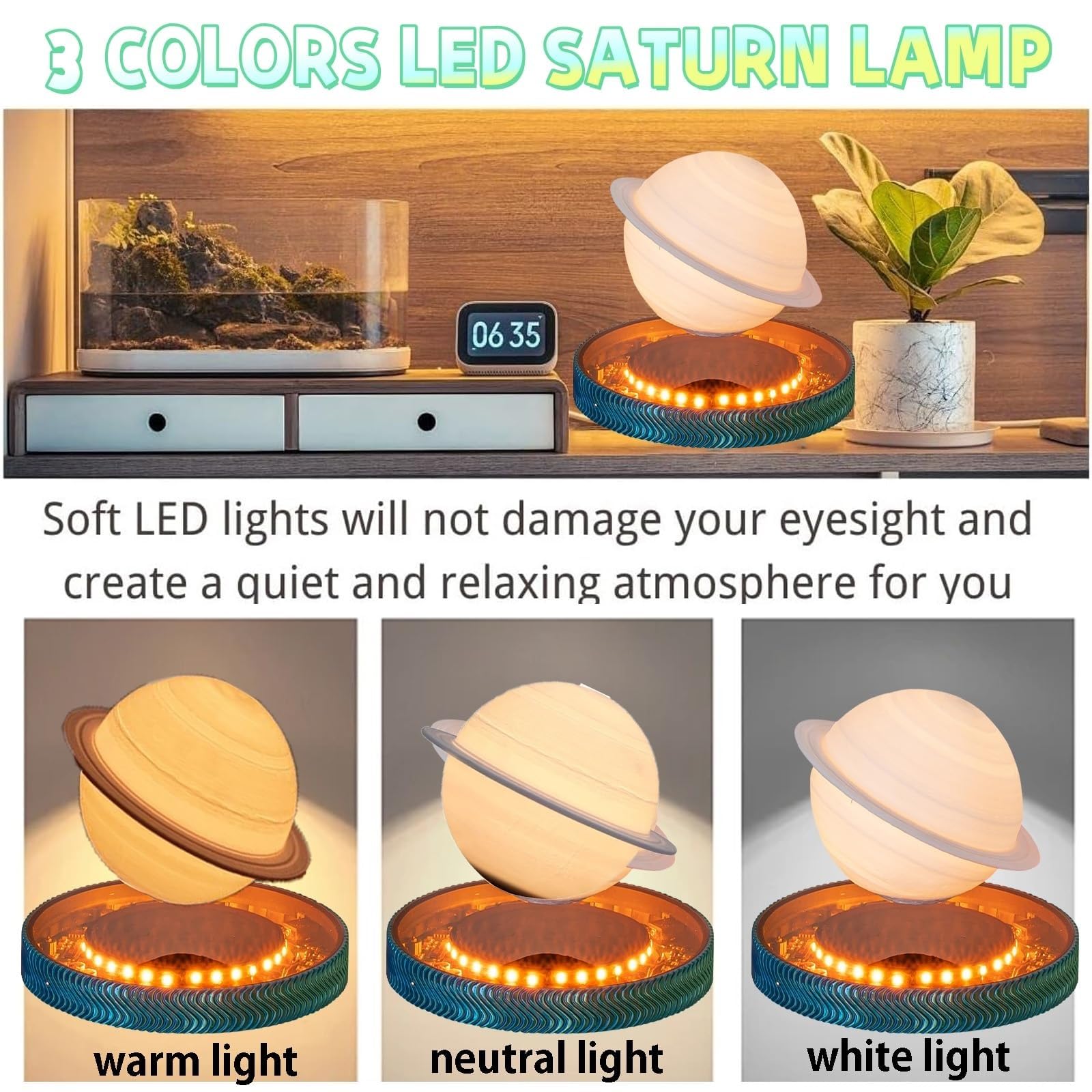 Générique Lampe Saturne Lévitante，Rotation Flottante 360°，Veilleuse 3D Magnétique，Base Lumineuse，Contrôle Tactile 3 Modes Couleur Pour Chambre Et Bureau(12cm Saturn)