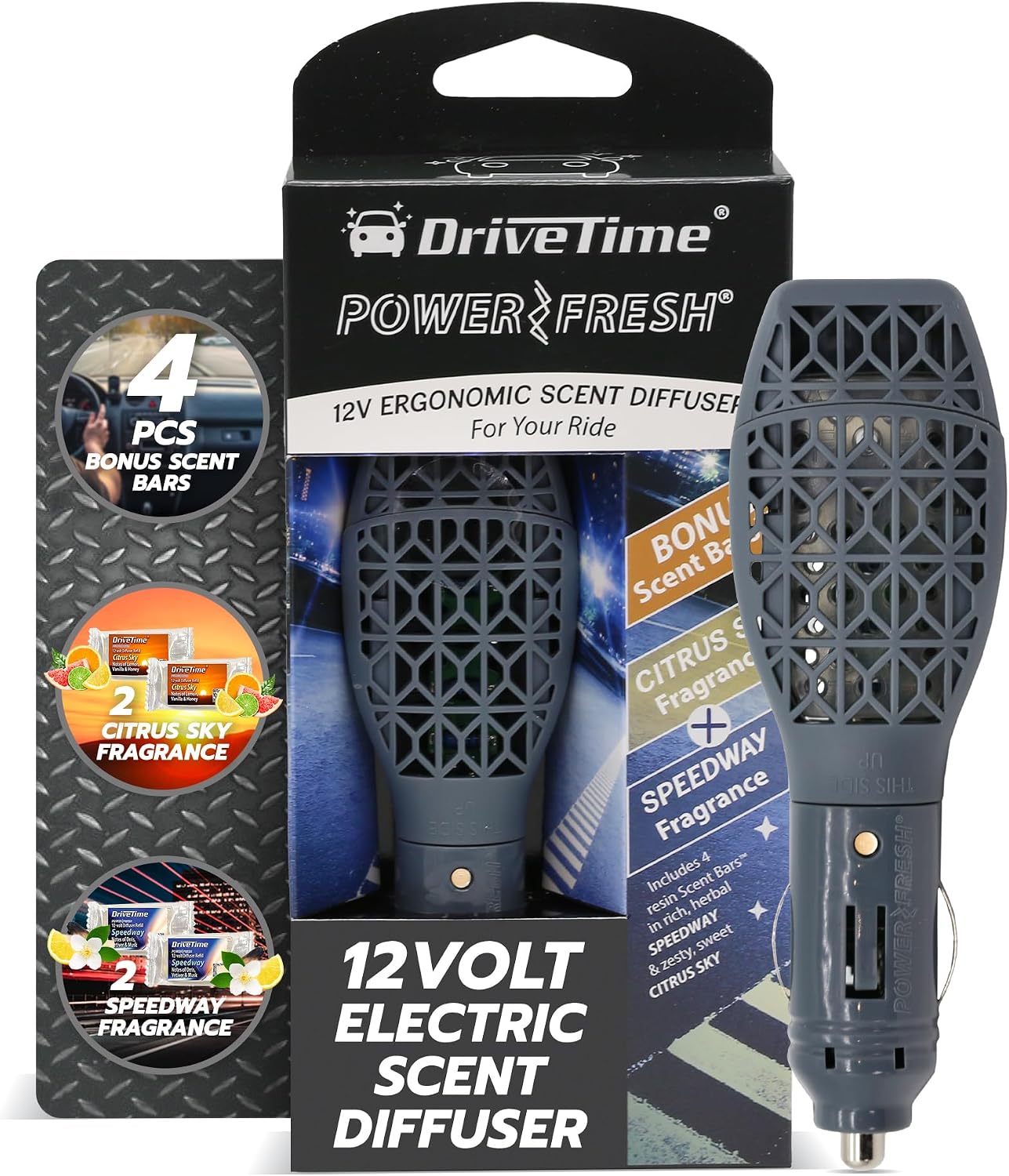 Drive Time Power Fresh Refillable Car Air Freshener – 12V Plug-In Reusable Car Scents Air Enhancer with Long-Lasting Scent Up to 30 Days – Includes 4 Scent Bars – Compact Design - Silver