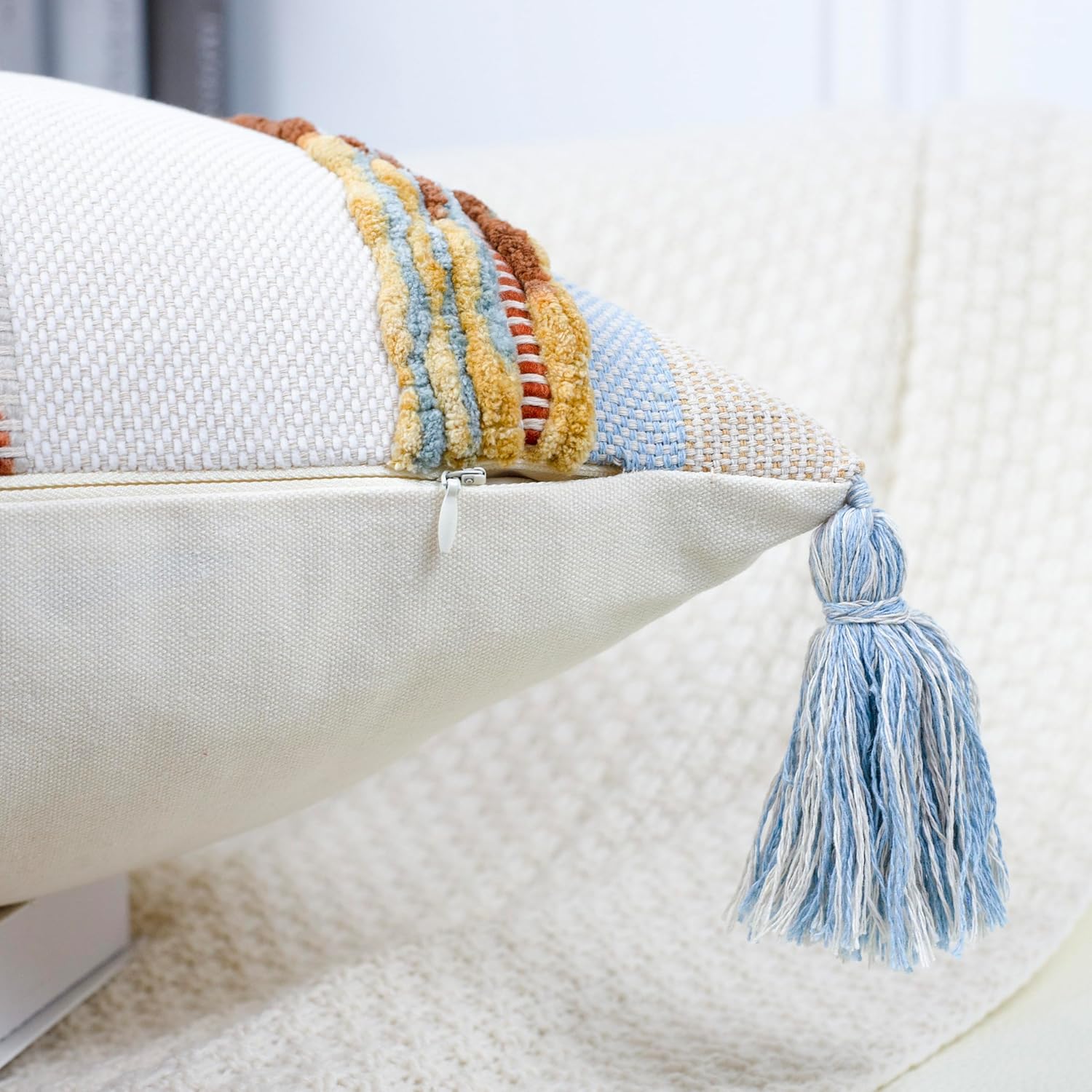 PANOD Chenille Farmhouse Throw Pillow Covers 16 x 16 Light Blue, Neutral Boucle Couch Pillow Cover, Striped Decorative Boho Coushion Cover Pillow Case for Couch Bed Sofa Bedroom,Modern Accent,Set of 2