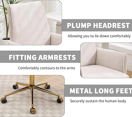 Miniatura 4 de YITAI Silla de escritorio giratoria de terciopelo de 360, moderno sillón de oficina en casa con base dorada y ruedas para tocador, cómoda silla de