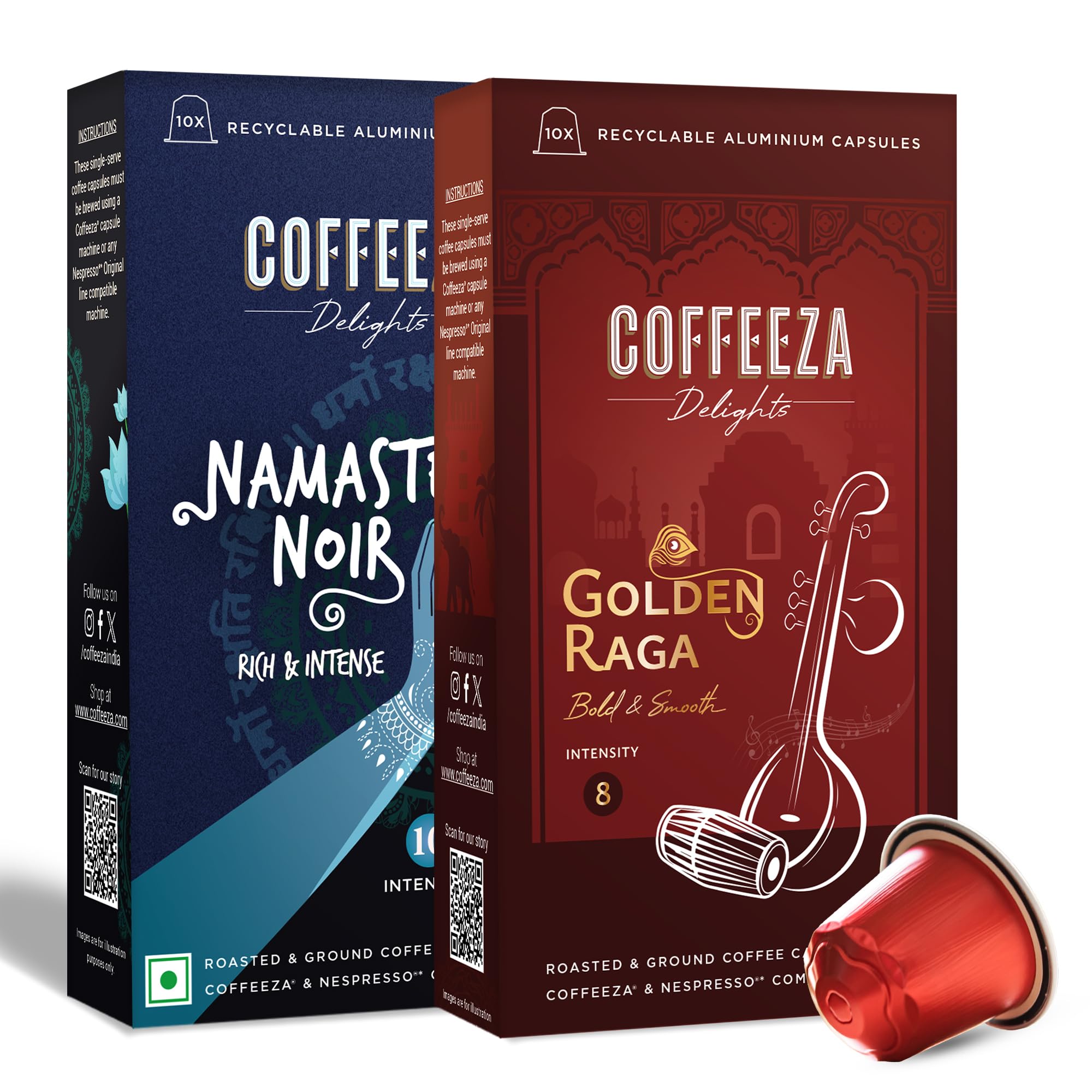 COFFEEZA Delights Namaste Noir & Golden Raga Coffee Capsules (Budget-Friendly) Variety Pack Of 2 | 20 Coffee Pods |160gram