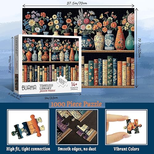 Miniatura 2 de Libros vintage rompecabezas de flores para adultos, 1000 piezas, jarrón, biblioteca, arte estético, librería, páginas de flores silvestres,