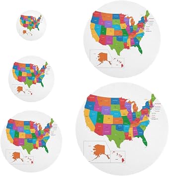Colorful USA Map with States and Capital Cities on White Reusable Round Food Covers, 5 Sizes Elastic Food Storage Lids, Polyester Bowl Covers, Elastic Wraps for Cups Bowls Plates Pots