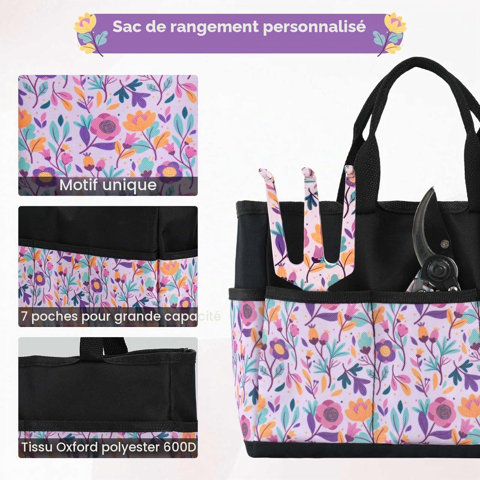 Velway Ensemble d’Outils de Jardinage 5 Pièces – Outils de Jardin à Motif Floral en Métal avec Gants, Sac de Rangement & Coffret pour Femmes, Fête des Mères, Noël, Anniversaire