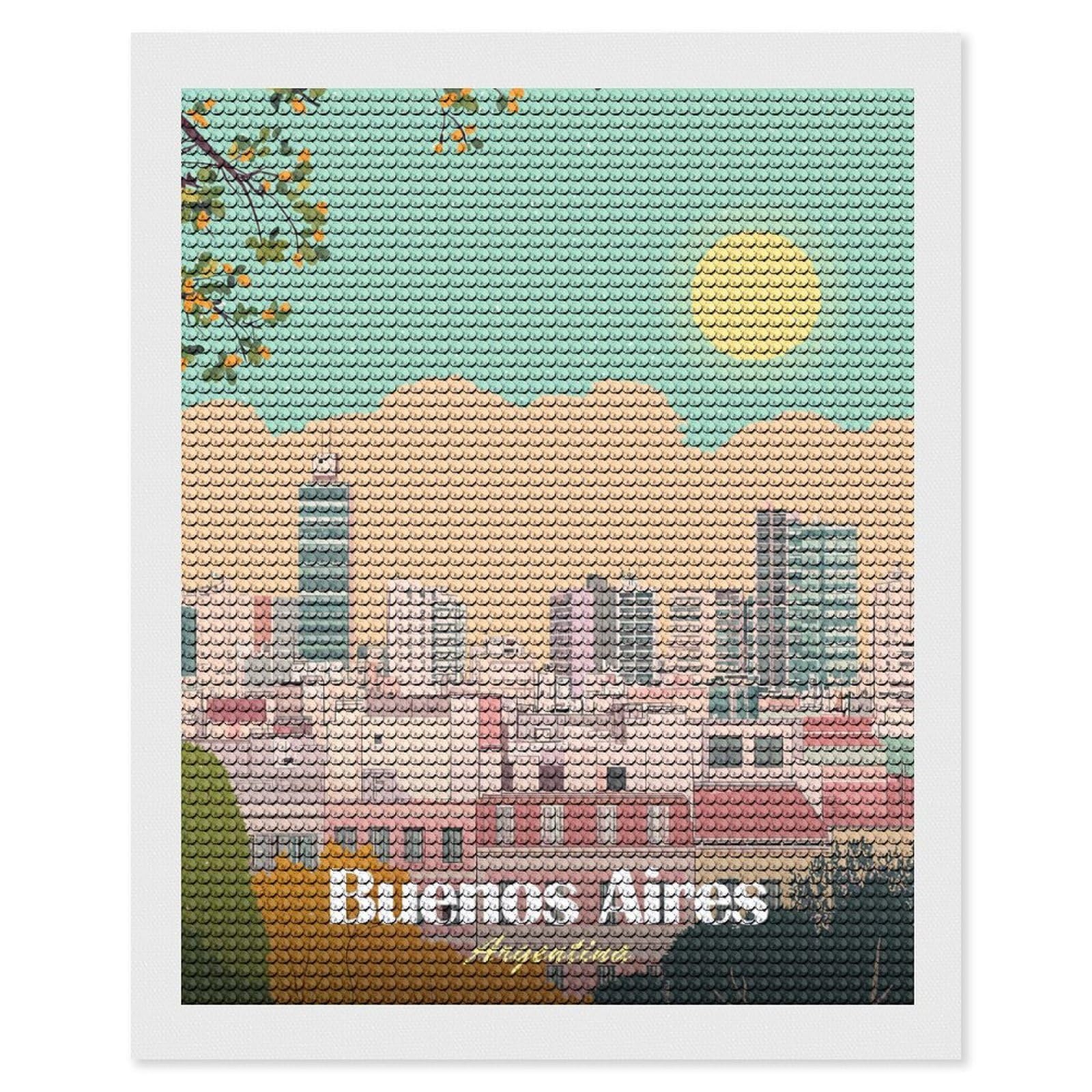 Junmoney Buenos Aires Argentina Cityscape Illustration(2) DIY Diamond Art Canvas Kit 16"x20", Adhesive Canvas, Easy to Enjoy, Farmhouse Decor, Festive Craft Gift