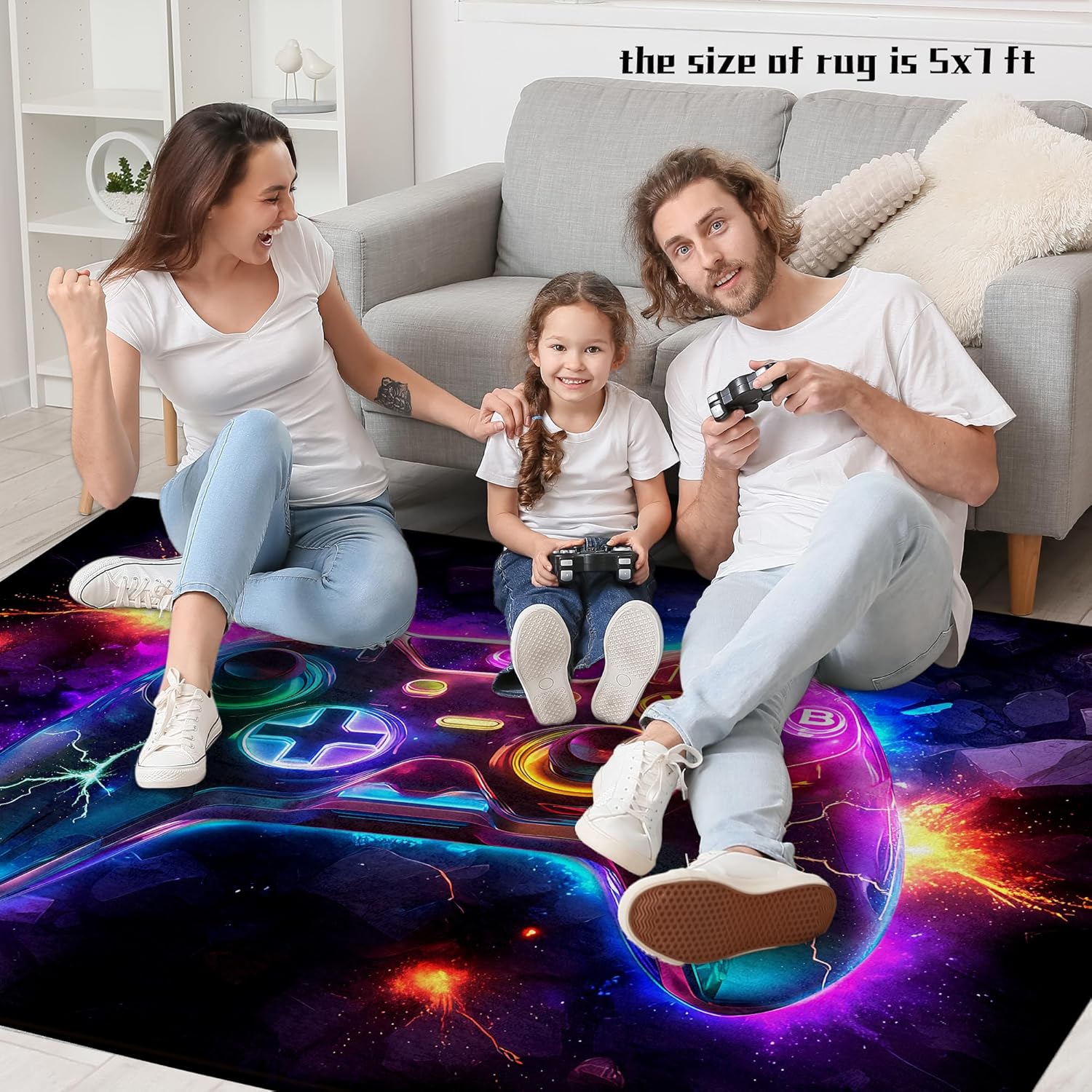 5x7 ft Neon Gaming Area Rug for Boys Room, Colorful Game Controller Carpet for Gamer Room Decor, Low Pile Non-Slip Video Game Rug for Teens Playroom or Game Zone - 03