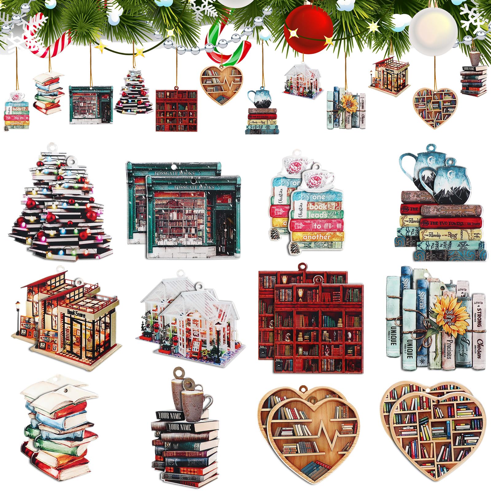Wenqik 24 Pcs Book Ornaments for Christmas Tree Acrylic Book Lovers Gifts Christmas Tree Hanging Ornaments for Women Librarian Bookish Club Xmas
