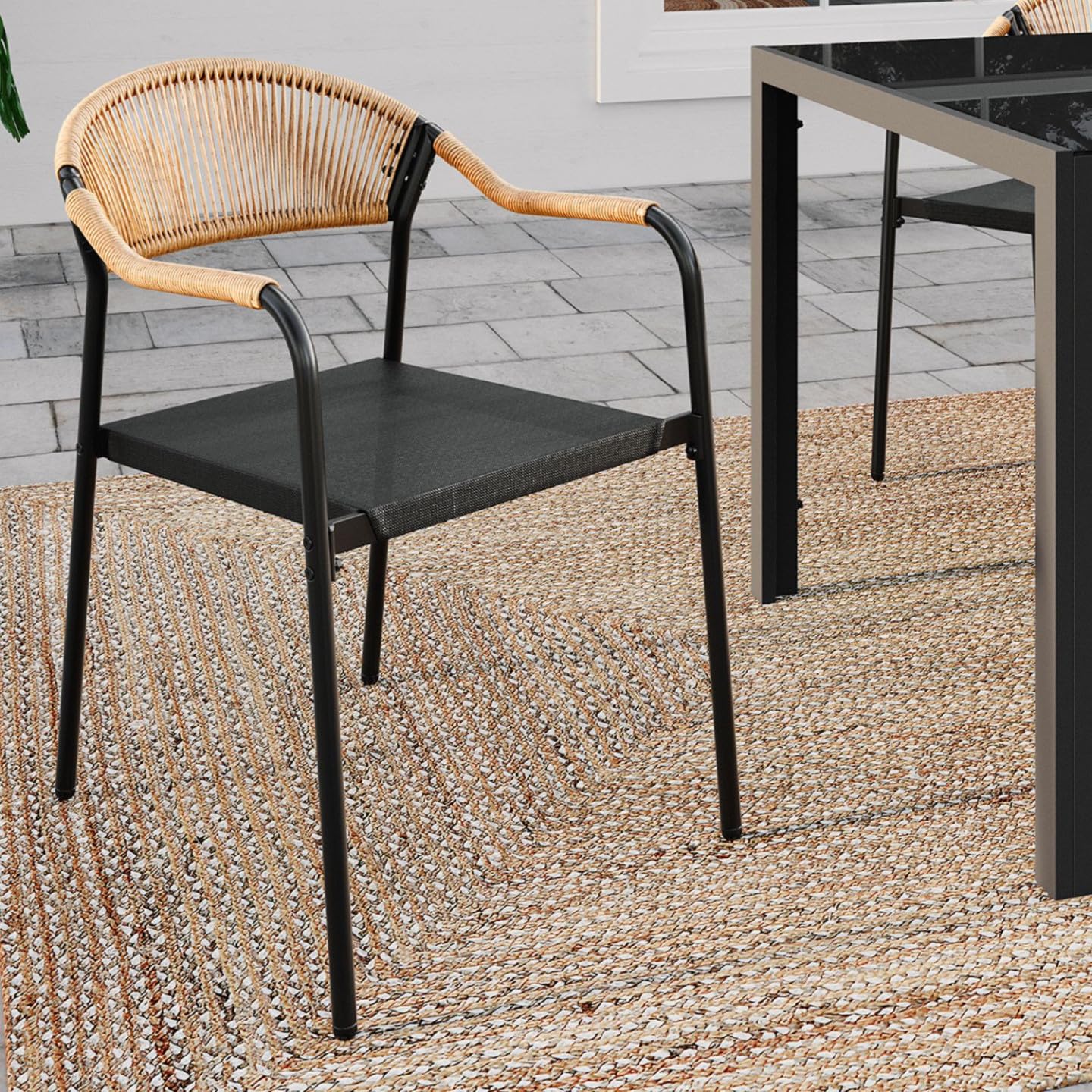 IDMarket - Lot de 6 chaises de Jardin Madeira métal, Cordage et textilène Noir et rotin Clair