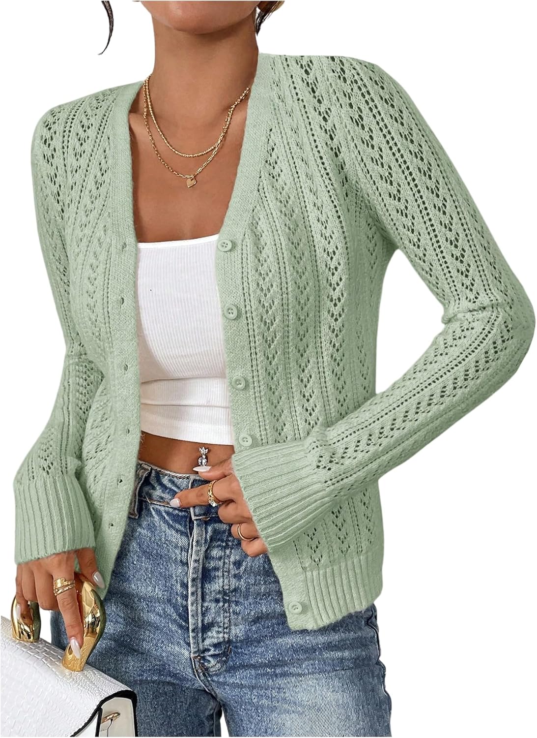 SHENHE Women's Cardigan Sweaters Pointelle Button Up Crochet Cropped Cardigan Trendy Shrugs