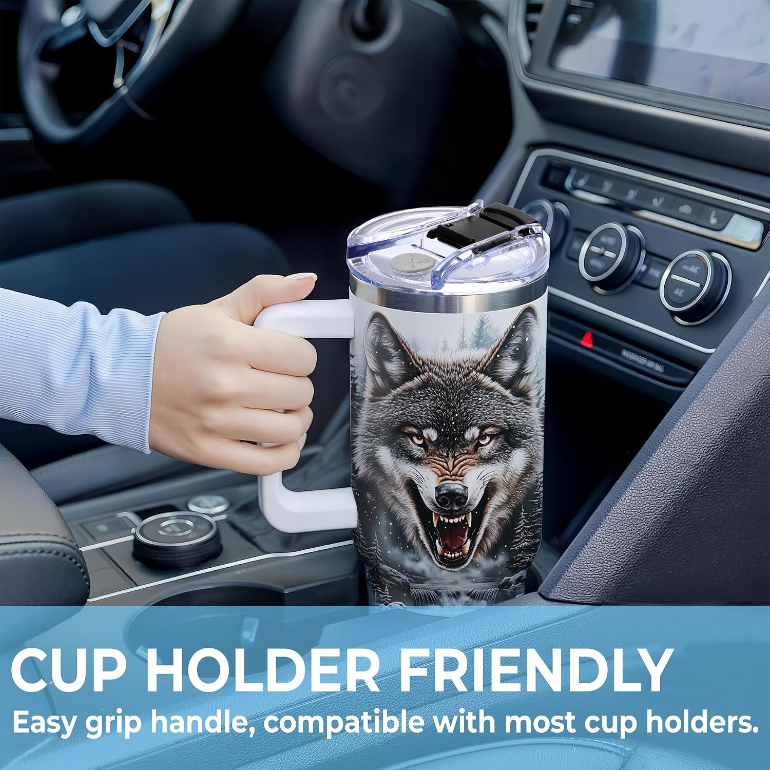 Hyturtle Personalized Wolf 40oz Tumbler with Handle and Straw Gifts for Him Men Women, Wolf Themed Gifts for Animal Lovers on Birthday Father's Day Custom Name Stainless Steel Travel Cup With Lid
