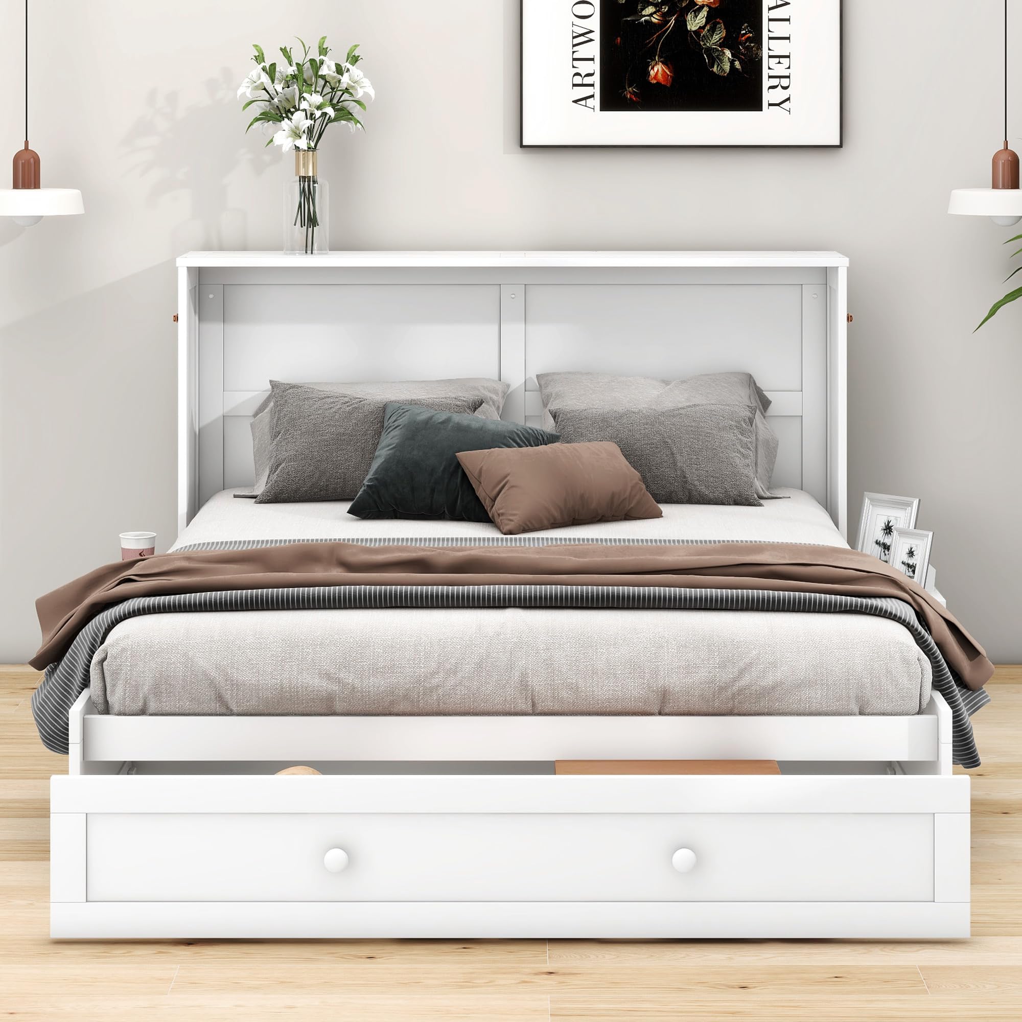 Moimhear Armario de cama móvil de 140 x 200 cm, con cajones en el extremo de la cama y pequeño estante en el lateral de la cama, cama con plataforma transformable, color blanco (140 x 200 cm)