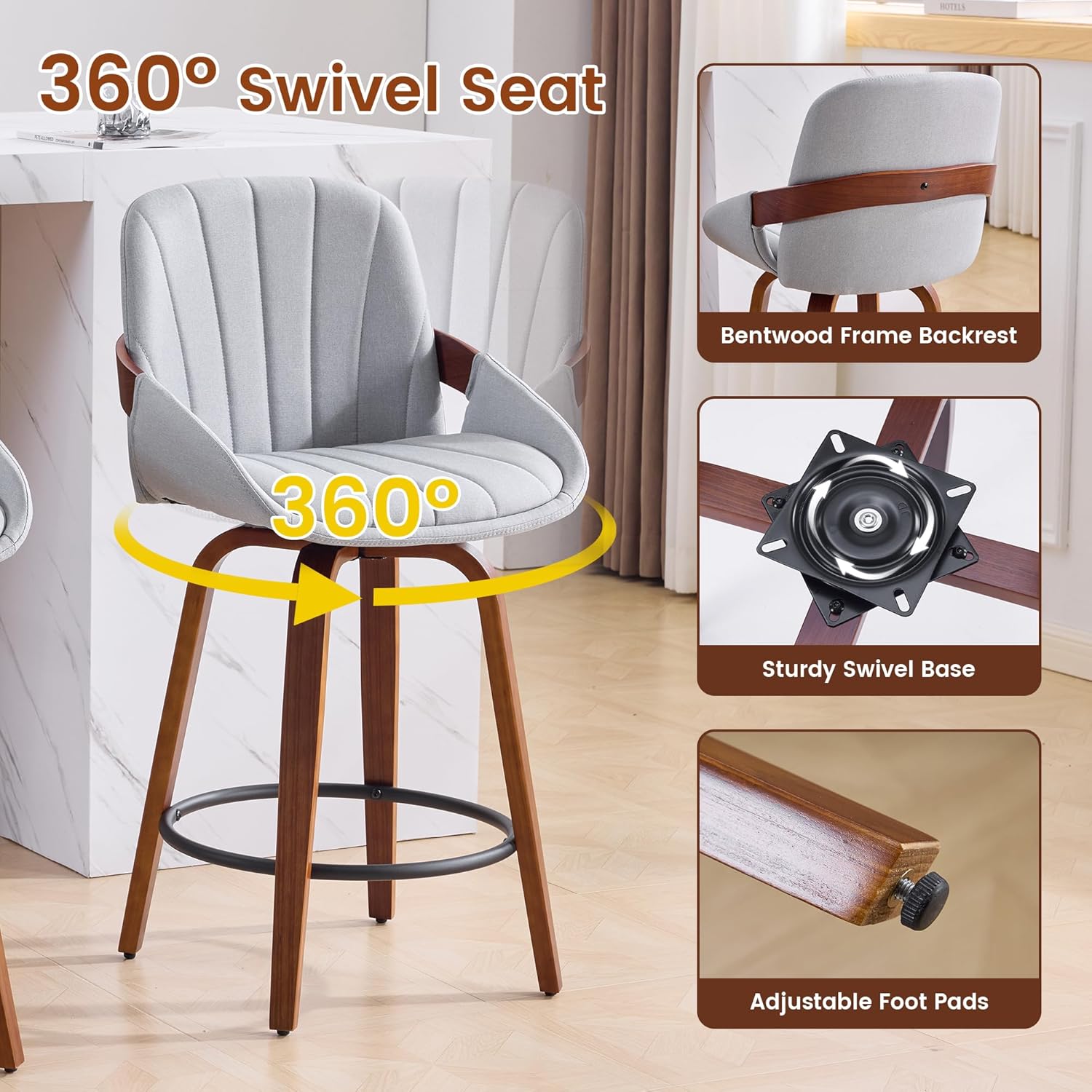 Swivel Bar Stools Set of 4, 26" Linen Fabric Upholstered Counter Height Barstools with Curved Back & Bentwood Legs Mid Century Modern Bar Chairs for Kitchen Island Counter, Grey