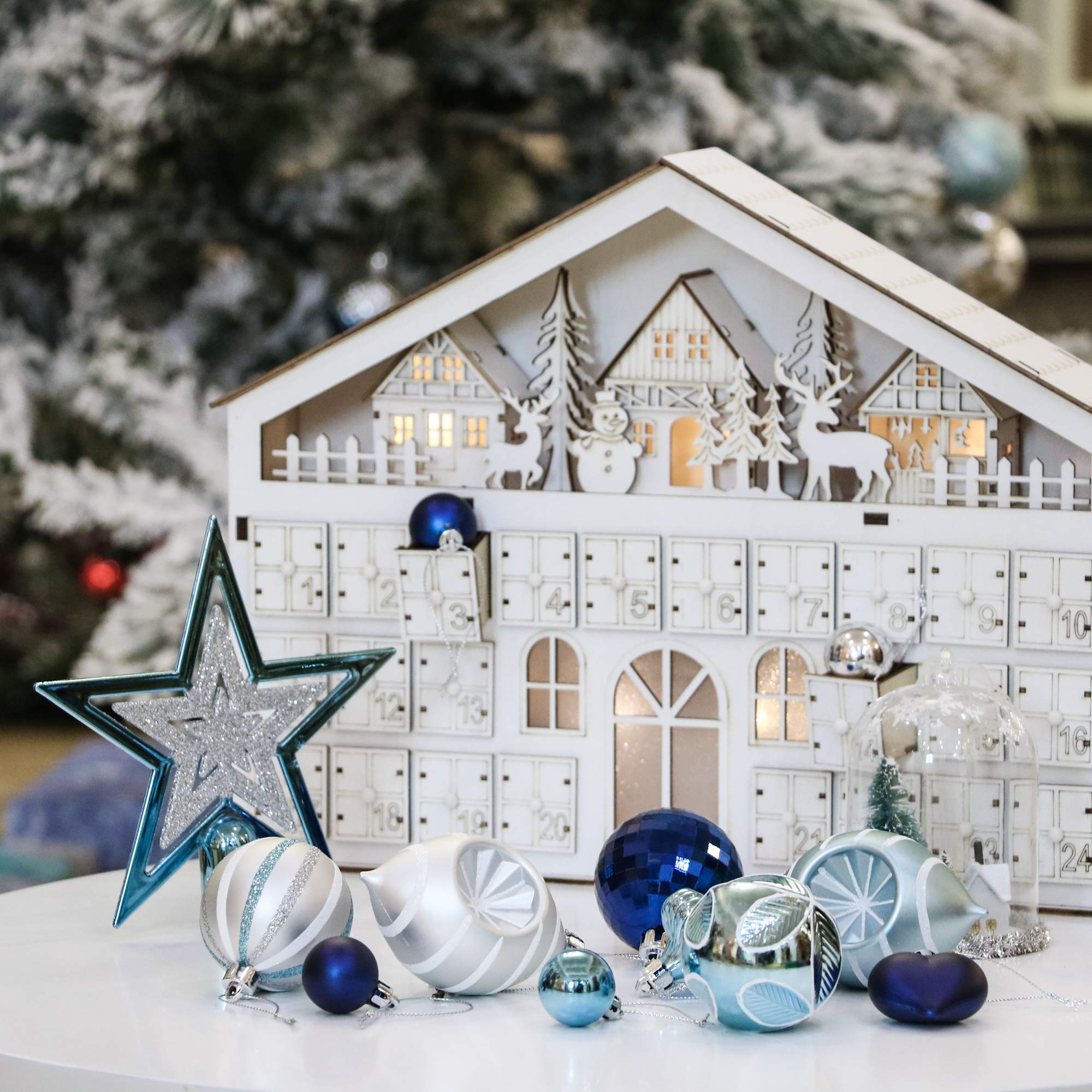 Valery Madelyn Weihnachtskugeln 70Stück 3-16cm Plastik Christbaumkugeln Weihnachtsbaumschmuck mit Weihnachtsbaumspitze und Aufhänger Weihnachtsdeko Winterwünsches Thema Silber Blau MEHRWEG Verpackung