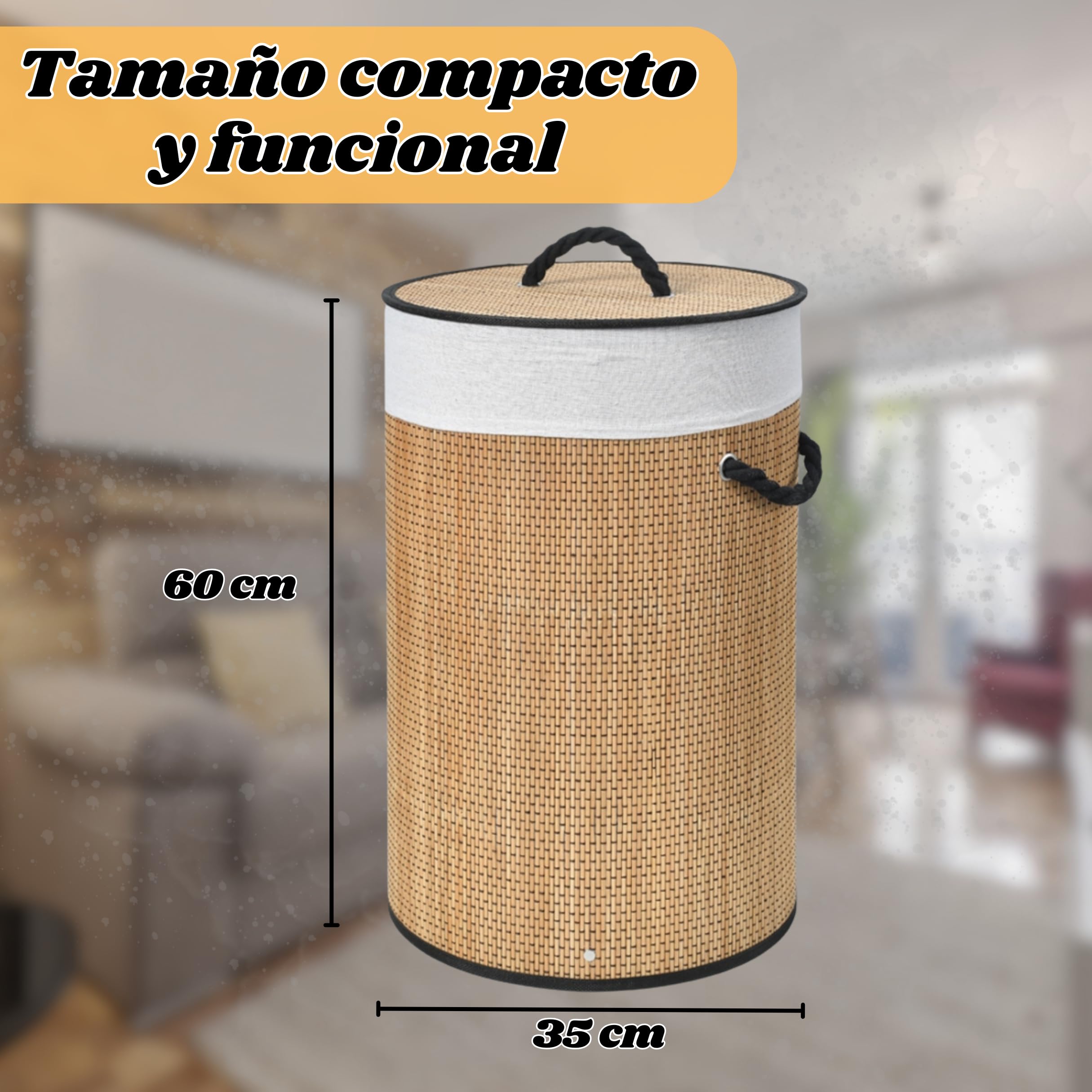 Weida Cesto de la Ropa Sucia de Bambú | Redonda con Tapa y Asas Plegable | Bolsa Extraíble y Lavable | Fácil Transporte | Diseño Natural | Para baño o Dormitorio | Color Marrón Bambú (60cm-35cm) — view 3