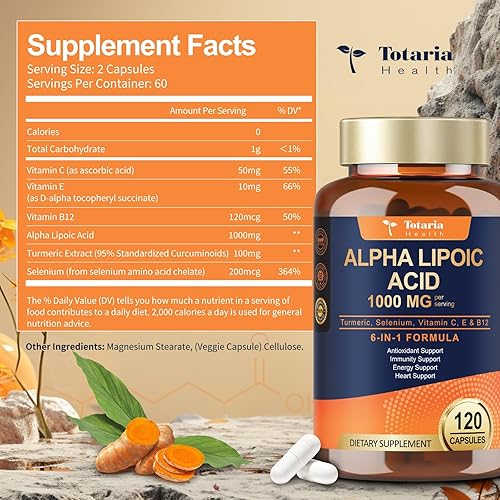 Miniatura 3 de Totaria Ácido alfa lipoico de 1000 mg Suplemento de ALA antioxidante para neuropatía, apoyo a la salud nerviosa, desintoxicación hepática,