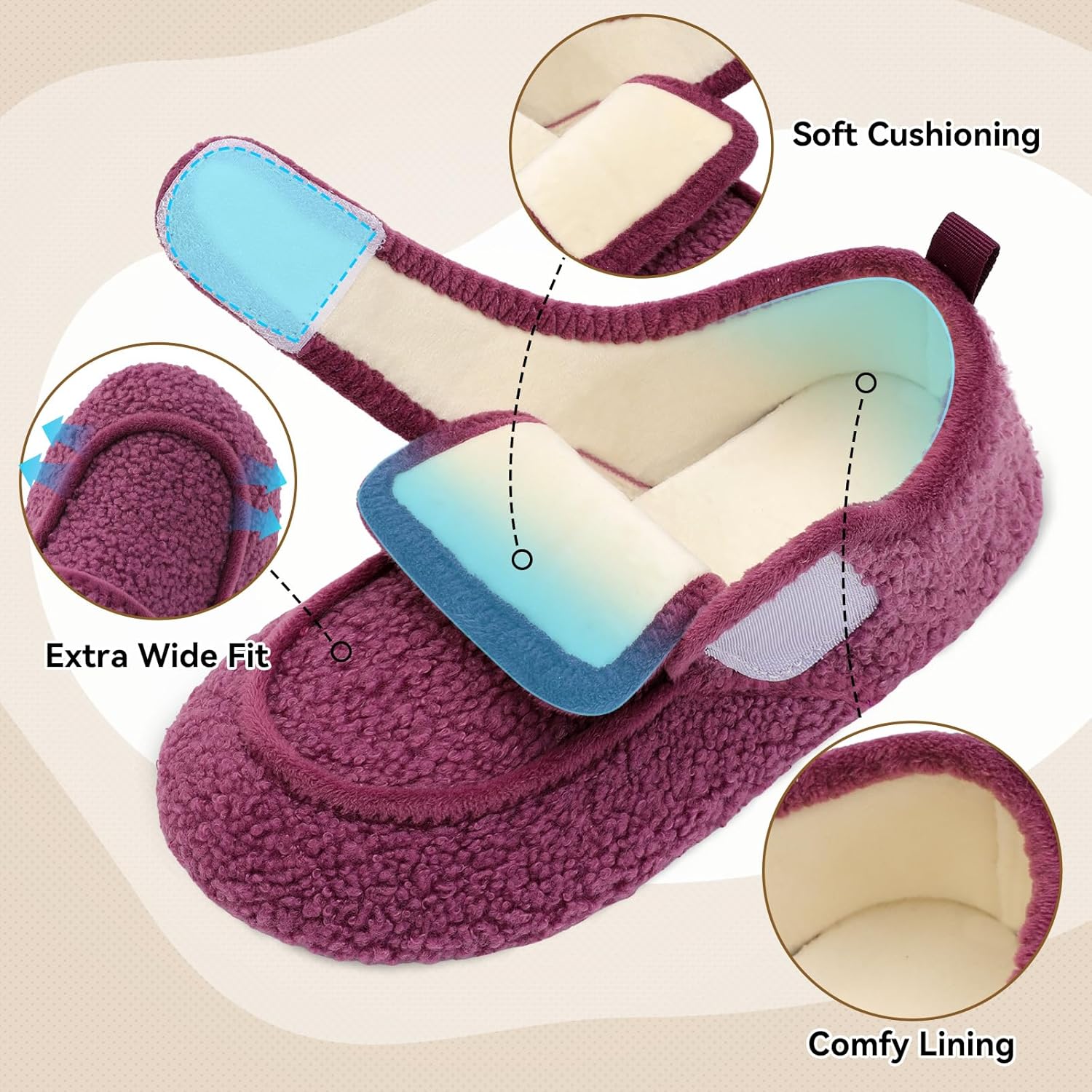 BARERUN Womens Mens Slippers Diabetic House Slippers for Women Men Wide Indoor Slip on Barefoot Adjustable Orthopedic Neuropathy Arthritis Edema Plantar Fasciitis Slipper Socks - Image 2