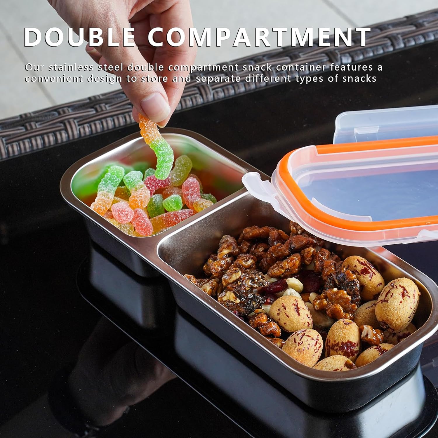 REDANT Reusable Snack Containers with Lids, Stainless Steel 2 / Double Compartment Snack Box Container, Divided Food Storage Bowls with Lids for Travel, Condiments & Meal Prep (Yellow, 1-Pack) - Image 5