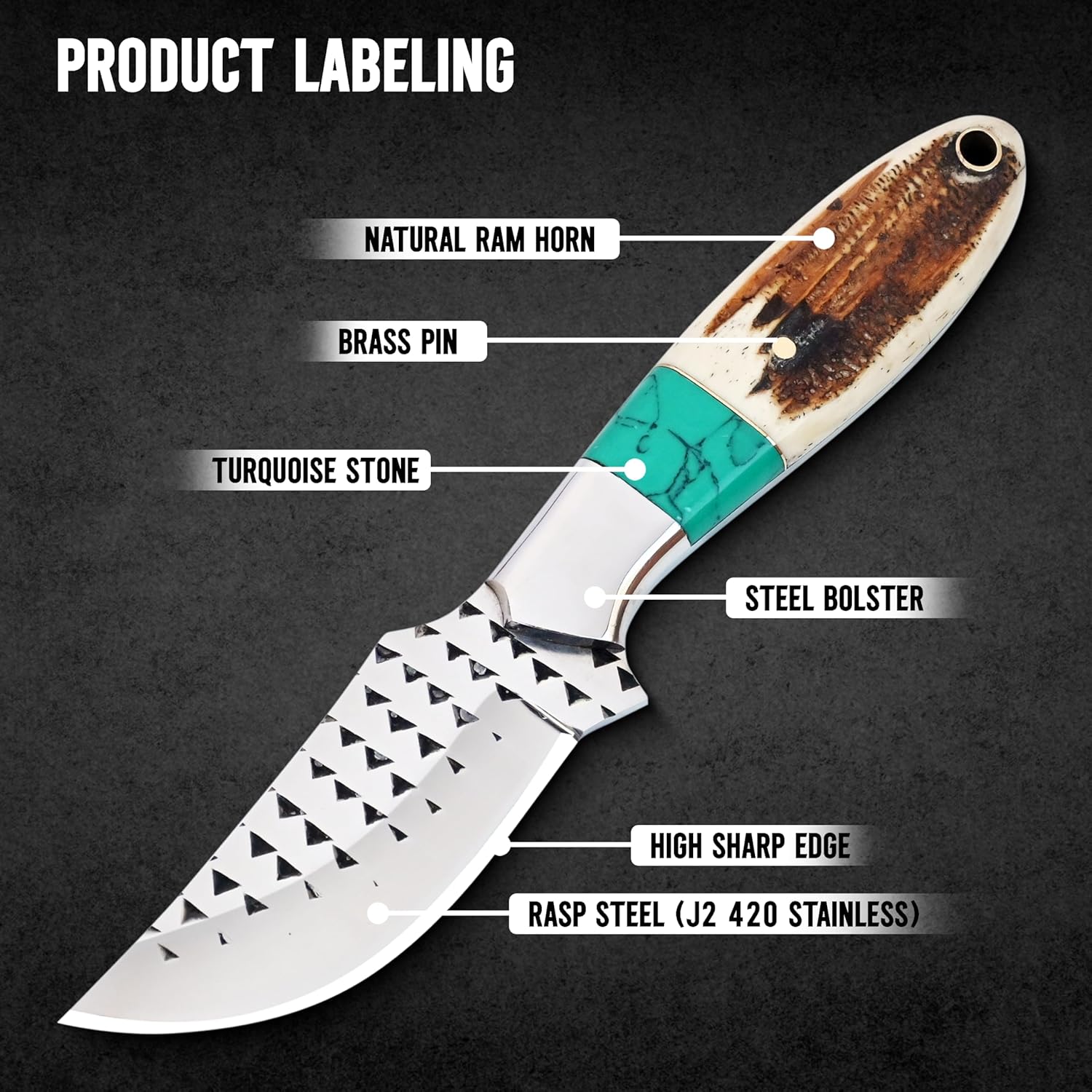 Rasp steel Bull Cutter Knife with Pancake leather sheath, Hunting Knife with holster, Cowboy knife, Fixed Blade (BUCK-STAG)