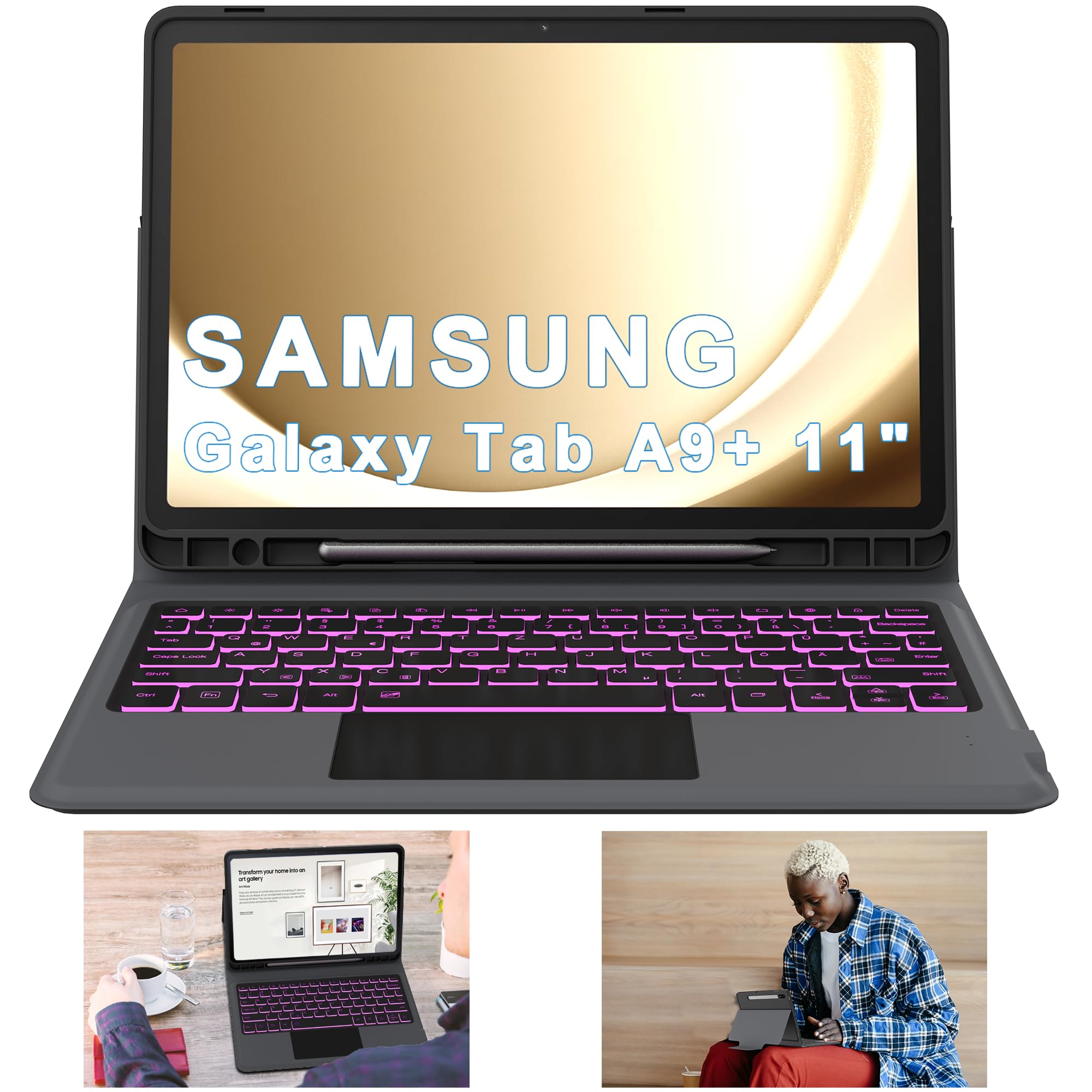 Tastiera QWERTZ per Samsung Galaxy Tab A9+ Plus da 11 pollici, con touchpad | Tastiera retroilluminata RGB a 7 colori, con trackpad, portapenne, rimovibile, magnetica, per studenti, viaggi