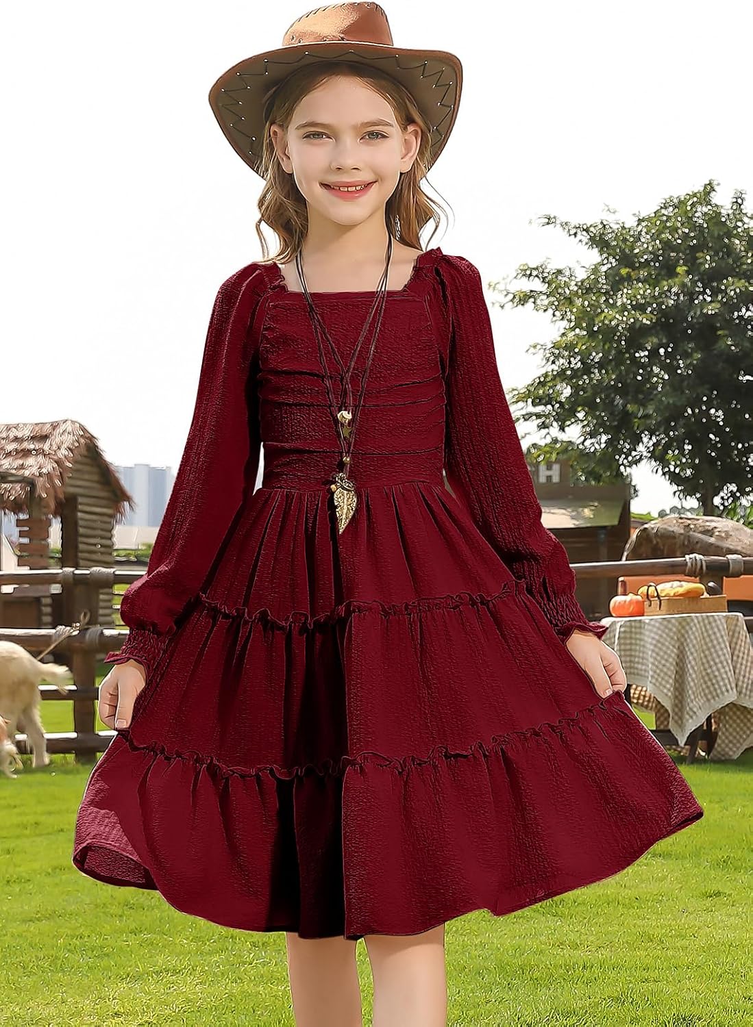 HOZIY Girls Long Sleeve Dress Ruched Smocked Tiered Ruffle A-Line Casual Boho Teen Dresses with Pocket Size 6-16 Years - Image 6