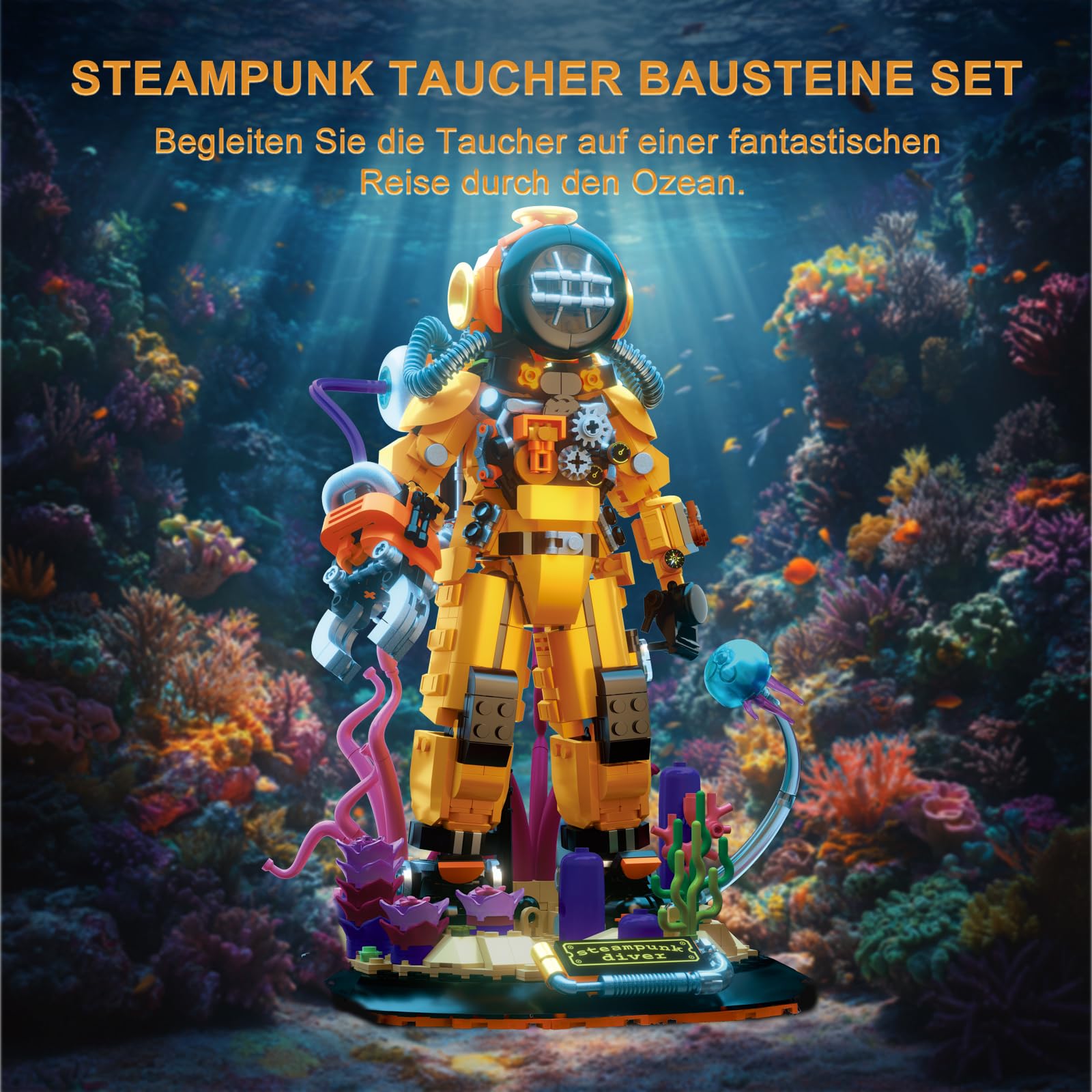 Steampunk Taucher Bausteine Set für Erwachsene und Jugendliche ab 14+, Tiefseetaucher Klemmbausteine Spielzeug Modell mit Ständer, Kreatives Geschenk für Mädchen Jungen(1287 Stück)