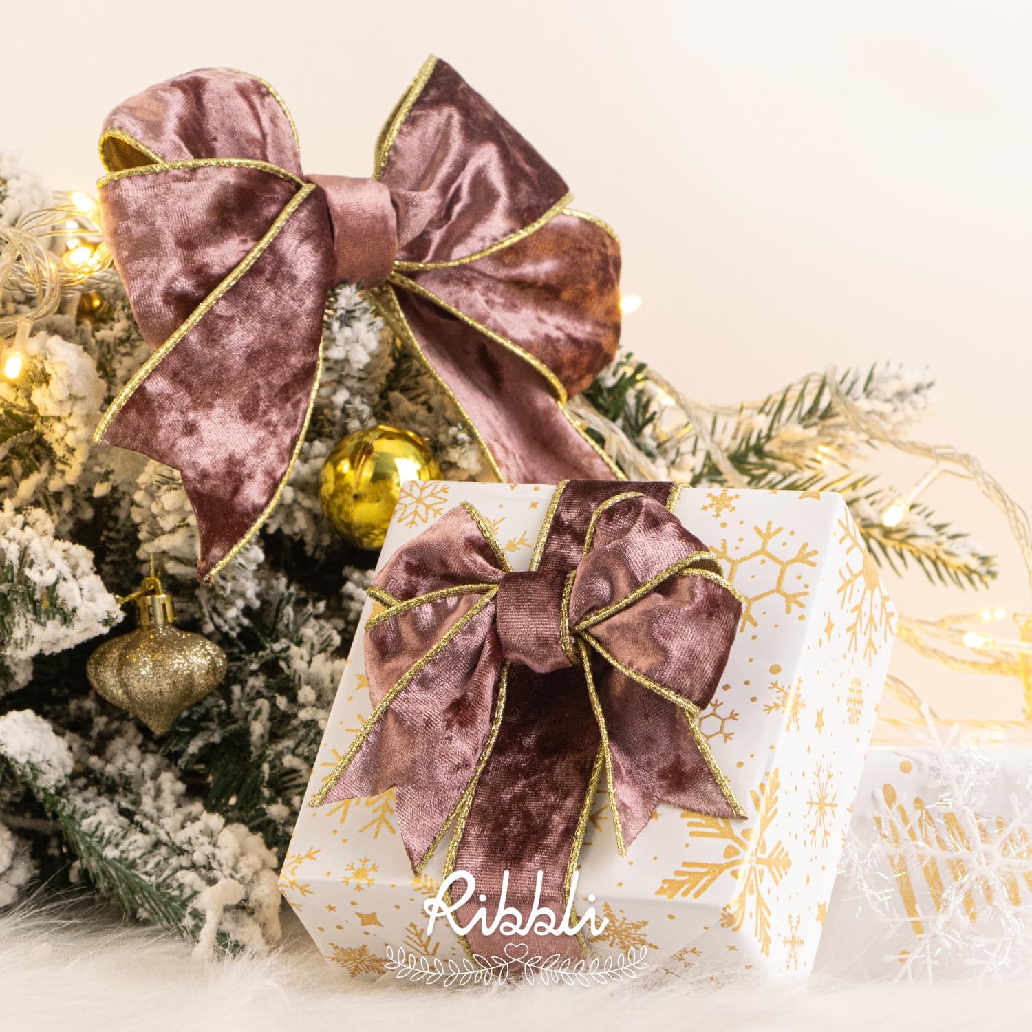 Ribbli Rose Gold Velvet Wired Ribbon 2.5 Inch Metallic Rose Gold Crushed Velvet Christmas Ribbon for Gift Wrapping Christmas Tree Decoration Crafts Wreaths Supplies-Continuous 10 Yards image 2