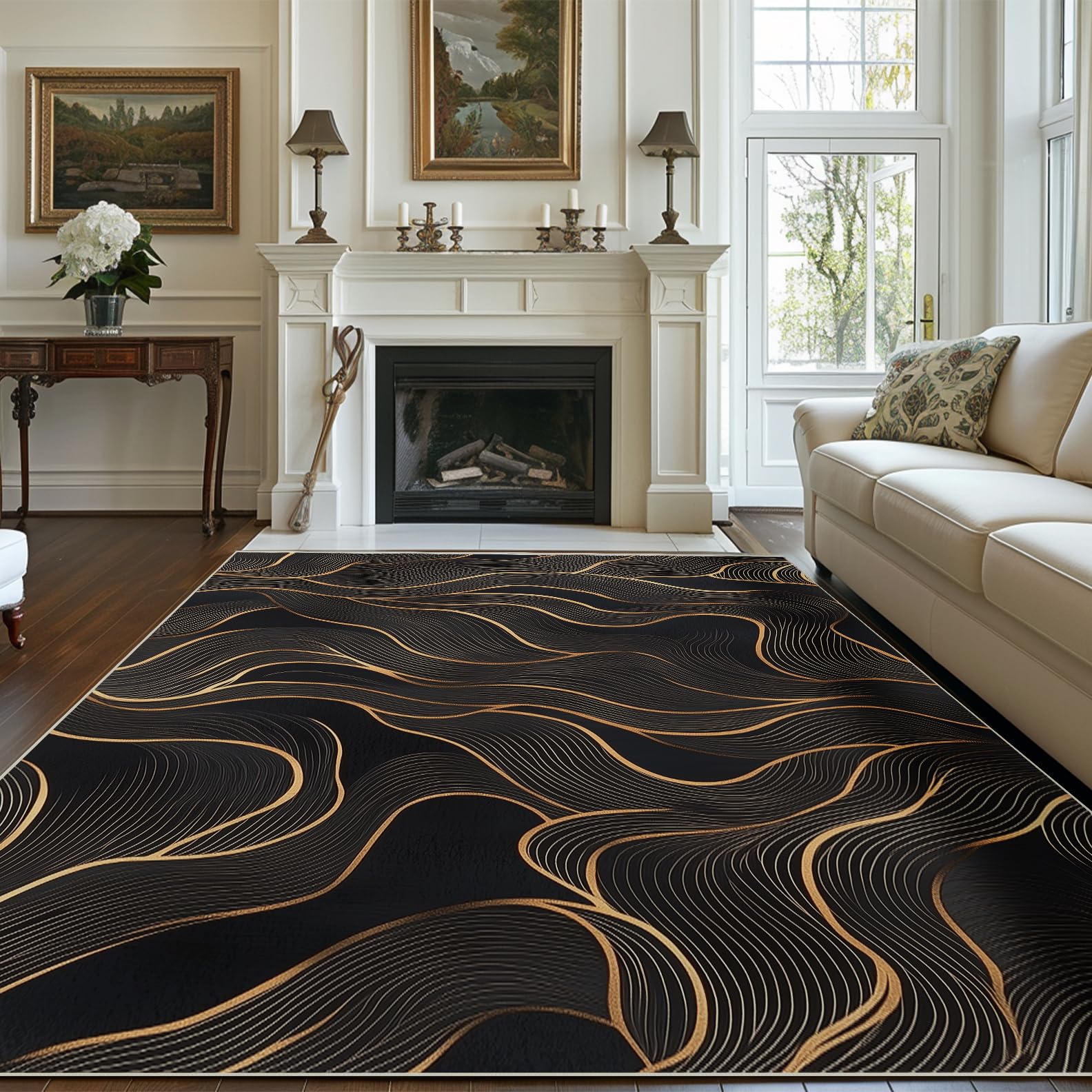 6x9 Area Rug Black Gold Modern Rug for Living Room Indoor Machine Washable Abstract Rugs for Bedroom Ultra Soft Dining Room Large Carpet Non-Slip
