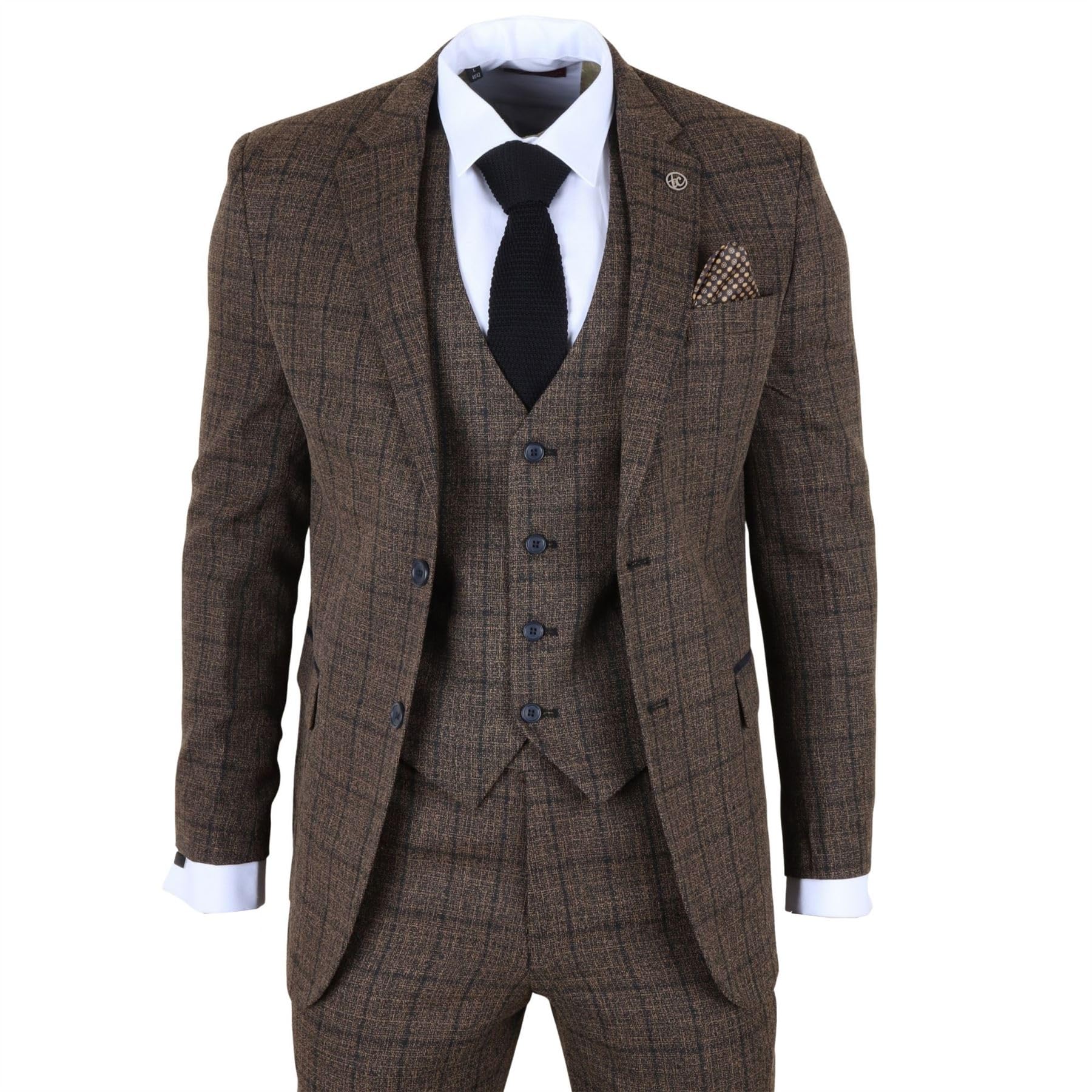 Traje de vestir formal de 3 piezas a cuadros para hombre, color marrón oscuro