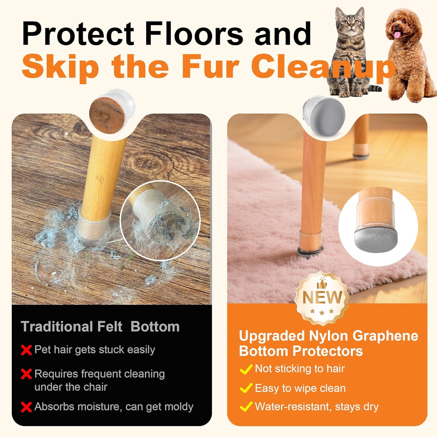 Chair Leg Floor Protectors for Hardwood Floors – Smooth Nylon Base Won’t Trap Cat or Dog Hair, Clear Silicone Caps No Scratch & Silent on Carpet & Tile (16 Pack, Fits 1/2" to 3/4")