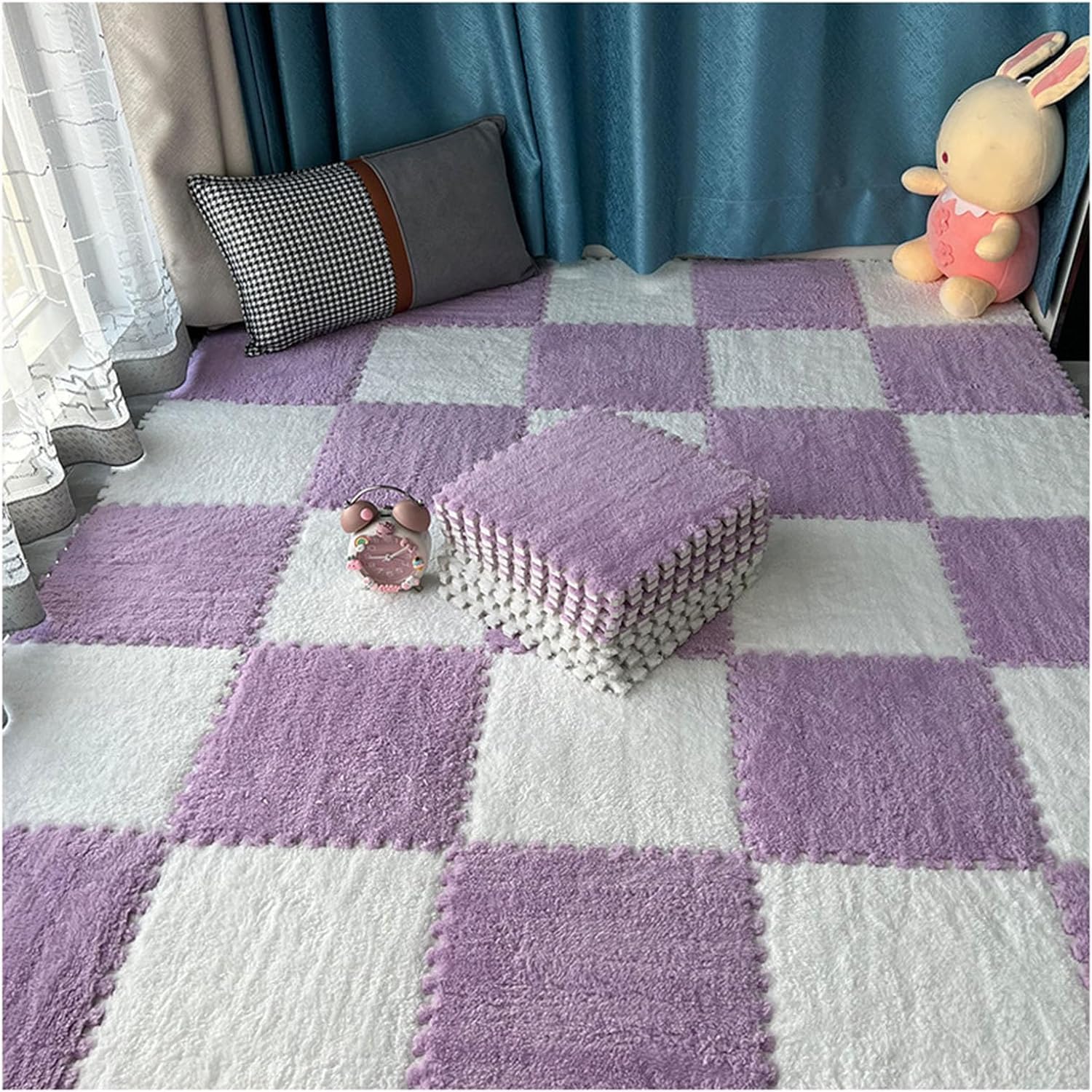 LNNNW Miękka Pluszowe maty puzzle 16 szt. Mata podłogowa z układanki piankowej, dywaniki dekoracyjne do pokoju, dywaniki blokujące puzzle, maty podłogowe z pluszowej pianki(White+Purple,0.6cm)