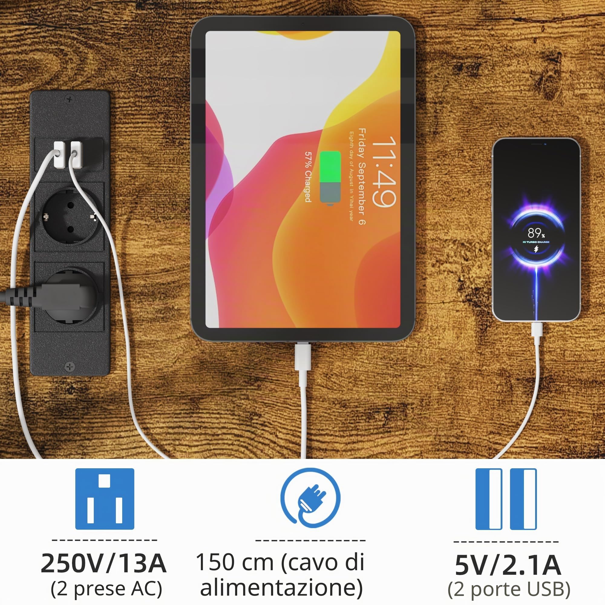 Supporto TV da Pavimento con Ruote per TV 32-75 Pollici, Marrone | Presa di Corrente e USB | 3 Ripiani | Cassetto in Tessuto | Altezza Regolabile | Max VESA 600x400 mm | Carico 50 kg