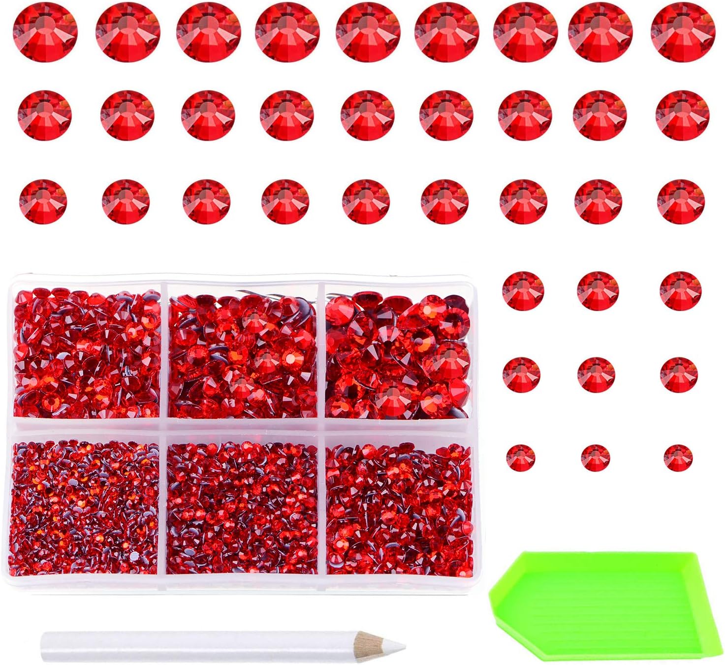 AD Beads 4500 Pieces Hotfix Rhinestones Flat Back 6 Sizes (2-6 mm) Crystal Round Glass Gems with Tweezers and Picking Rhinestones Pen or Crafts Nail Face Art Bags Clothes Shoes DIY (Red)