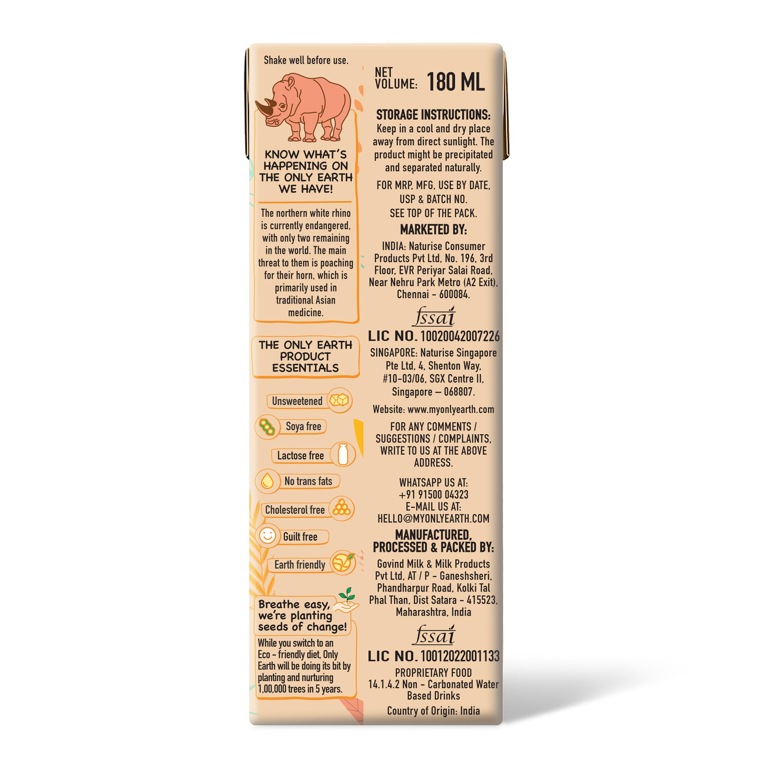 Only Earth Oats Drink Barista Edition | Unsweetened Drink | Lactose Free | Preservatives Free | Plant Based | Dairy Alternative | Source of Calcium | Source of Vitamin D, B1, B2 & B12 | 180ML (Pack of 12) - Image 2 thumbnail