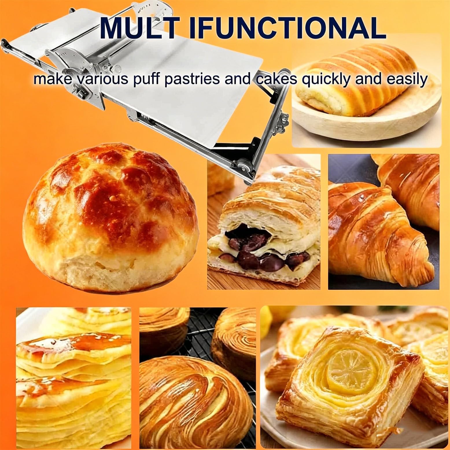 Macchina per stendere la Pasta Automatica Pieghevole, in Acciaio Inox, da Tavolo, per Croissant, Fondente, Pizza, sfogliatrice, Spessore Regolabile, 130x57x23 cm